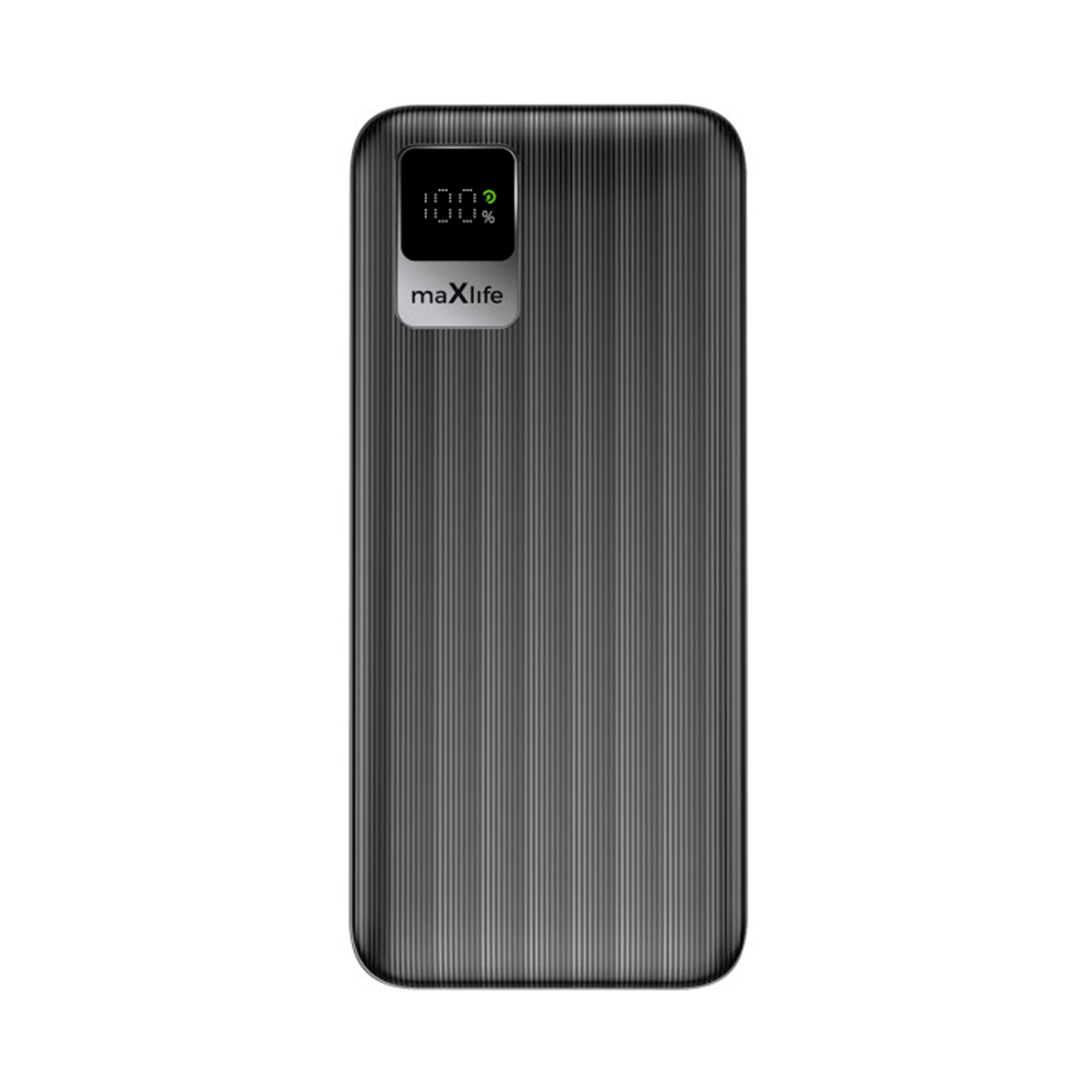 Eine schwarze Maxlife-Powerbank mit gerippter Textur und LED-Display oben links auf weißem Hintergrund.