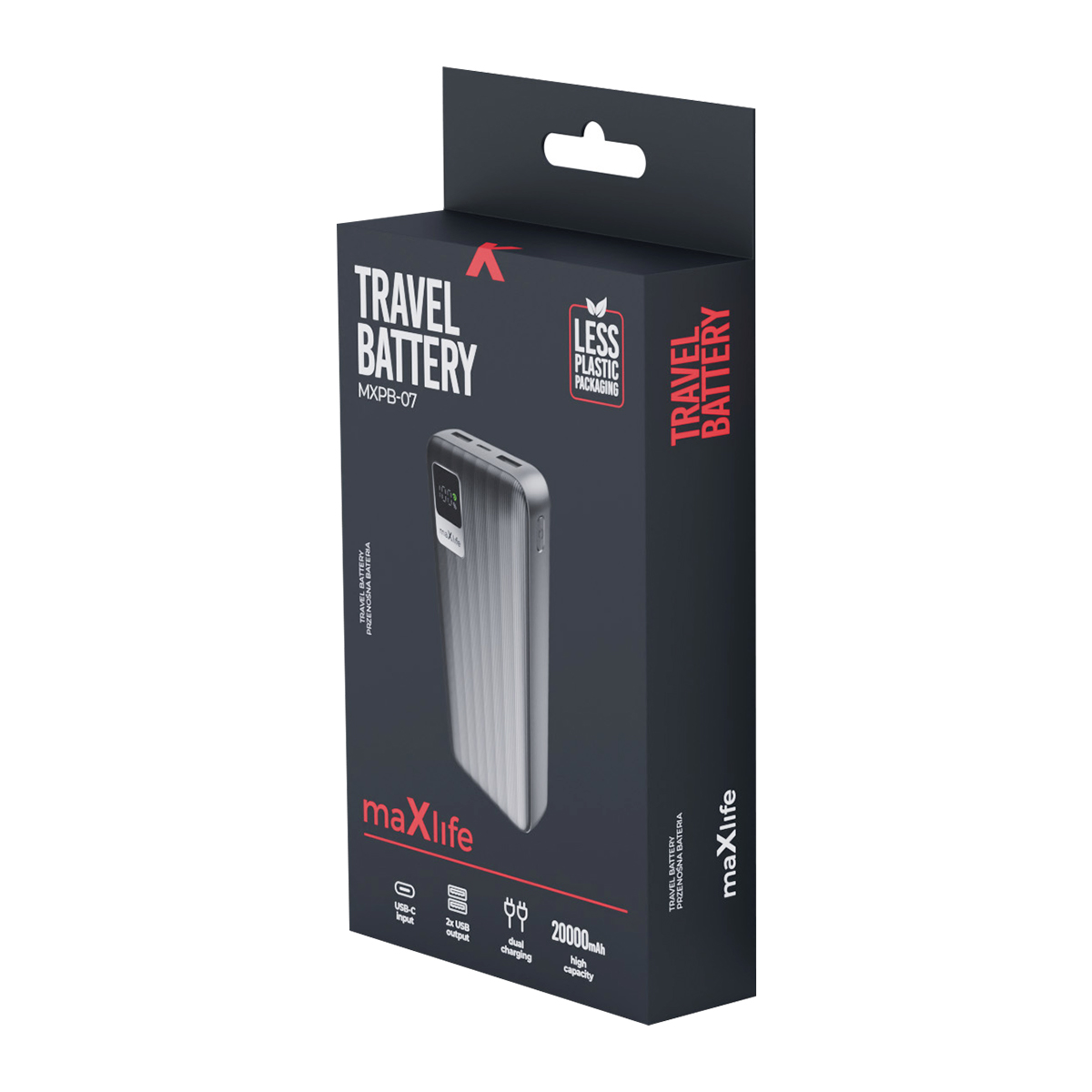 Schwarze Verpackung einer Maxlife Travel Battery Powerbank mit 20000mAh und Produktdetails.