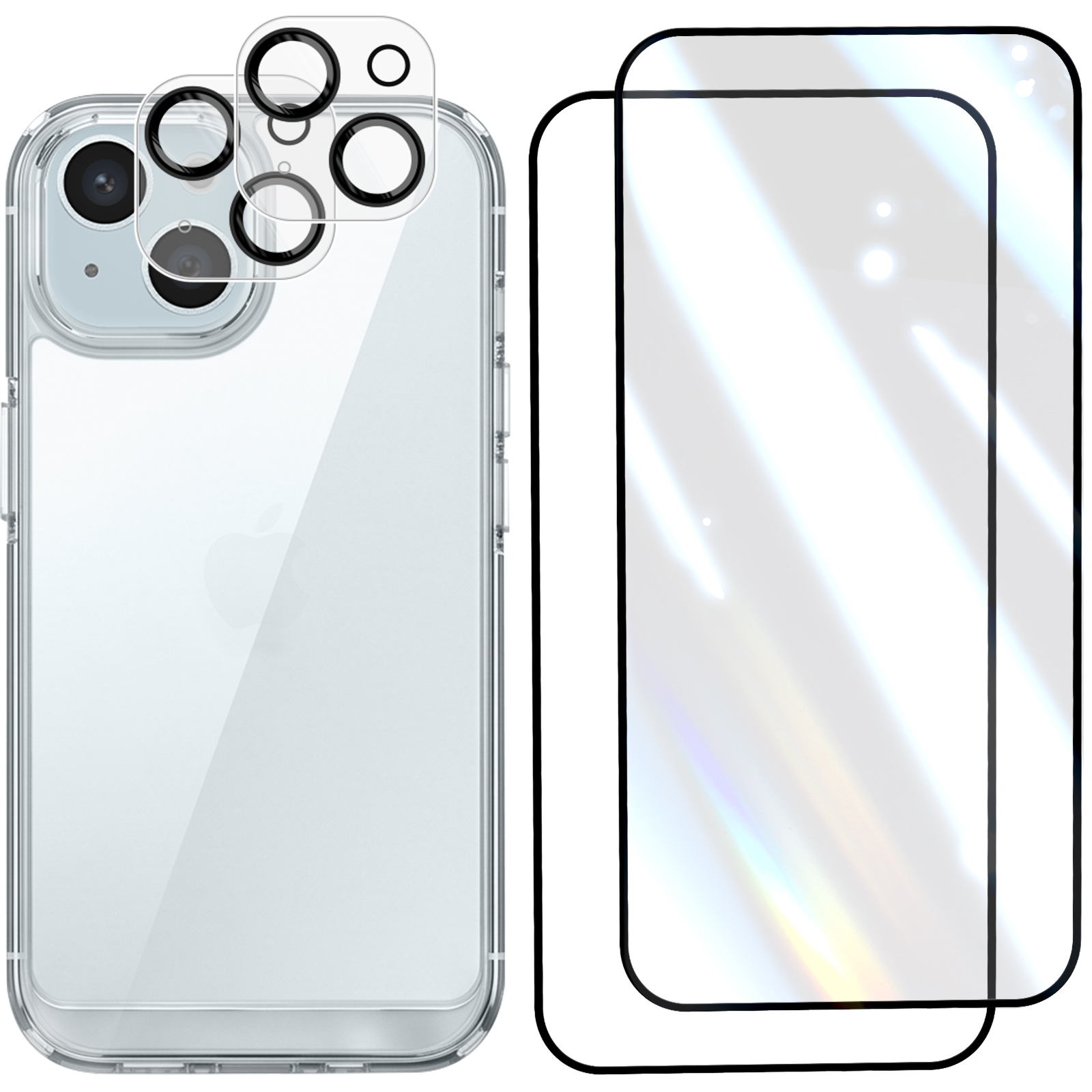 Eine transparente iPhone-Hülle mit Kameraschutz und zwei Glas-Displayschutzfolien auf weißem Hintergrund.
