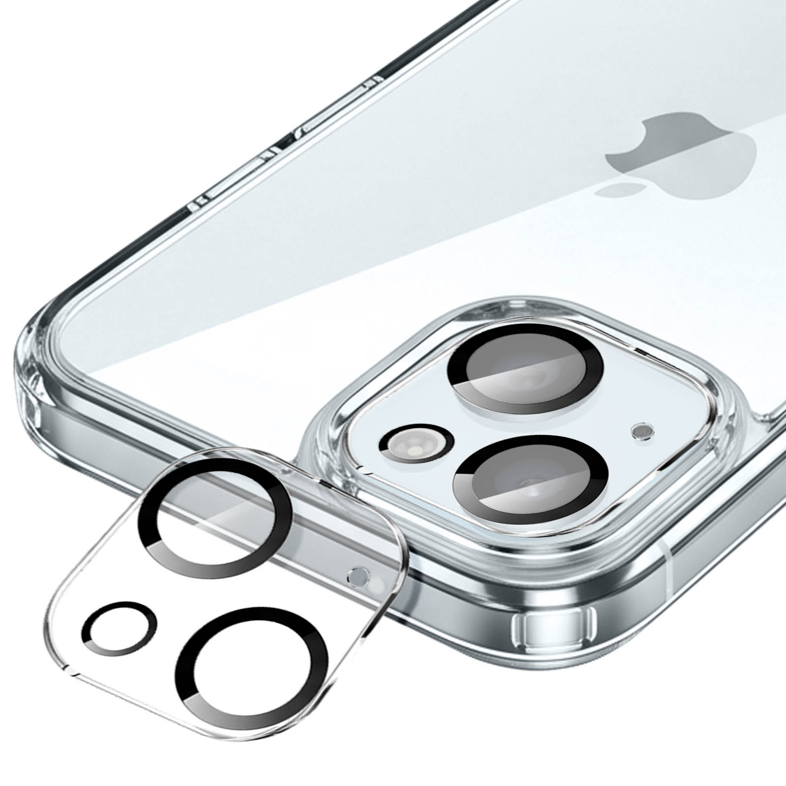 Kameraglas-Schutzfolie wird auf die Kamera eines iPhones in einer transparenten Hülle aufgesetzt.