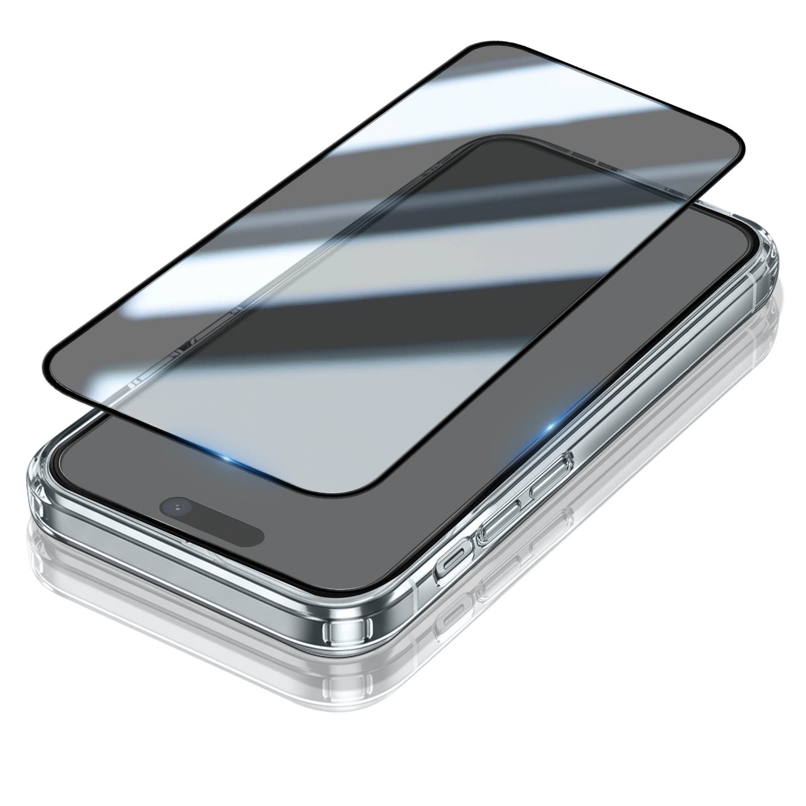 Ein rahmenloser Displayschutz schwebt knapp über einem modernen Smartphone mit transparenter Hülle.