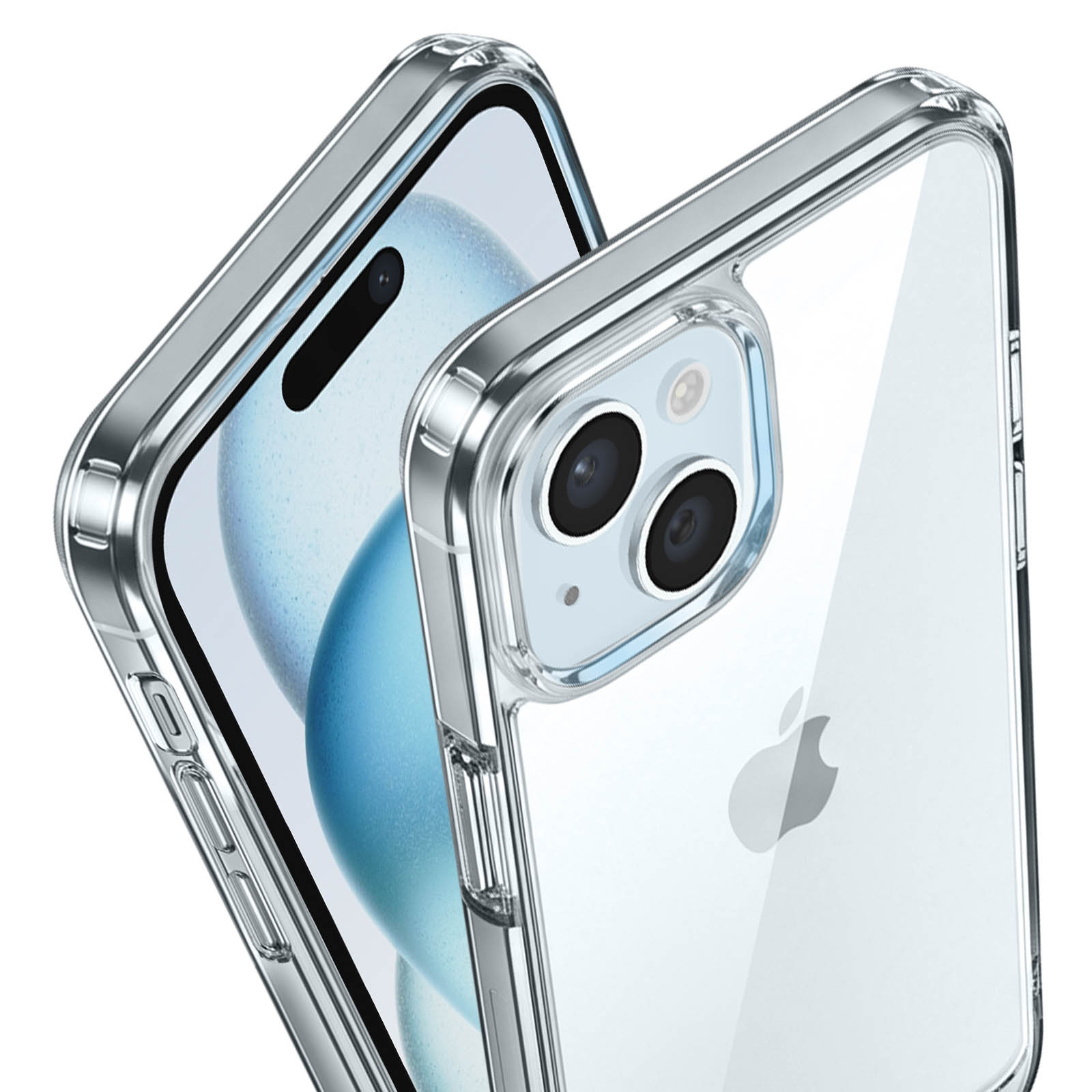 Zwei klare Smartphone-Hüllen schützen ein hellblaues iPhone von vorne und hinten.