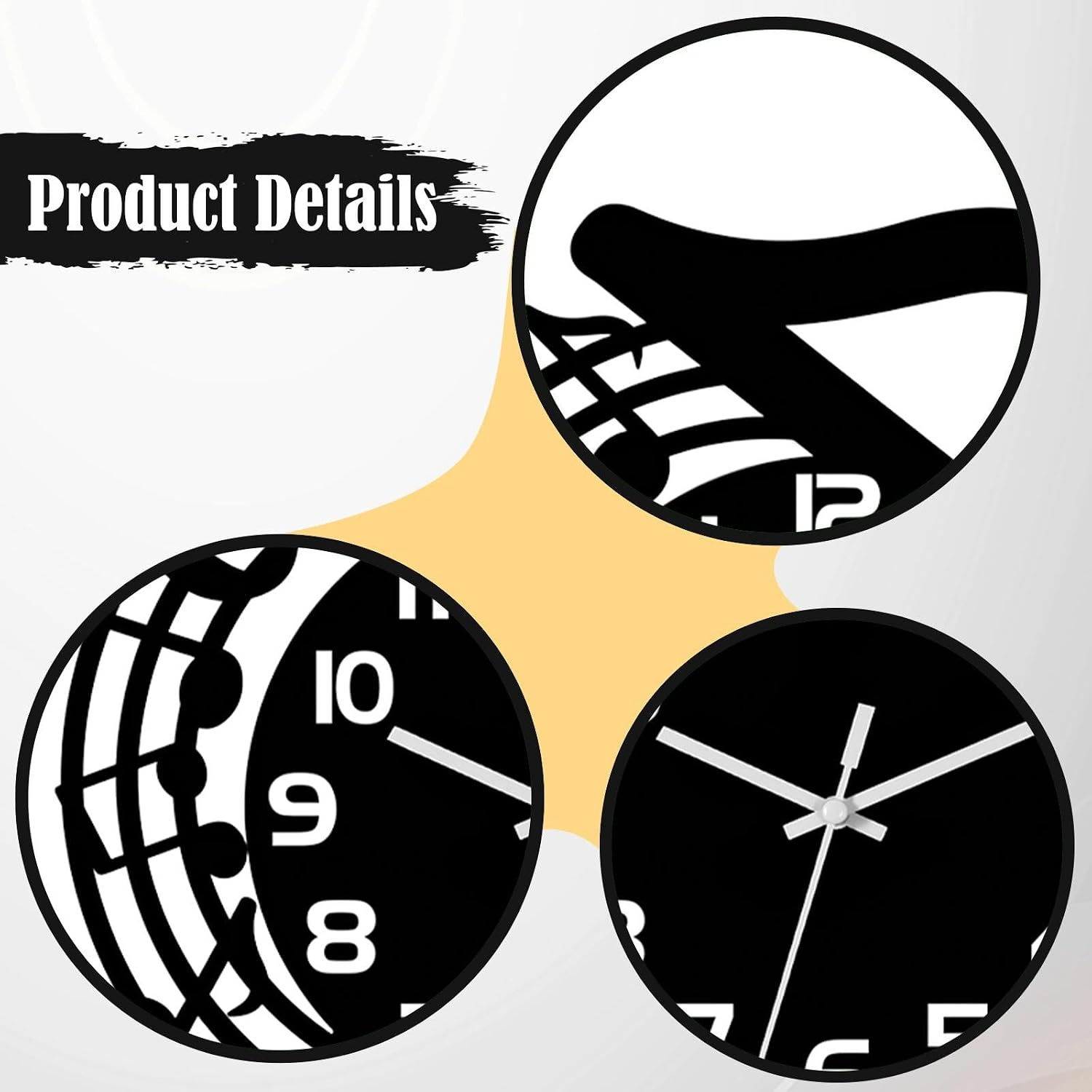 Produktdetails mit drei runden Ausschnitten, die Musiknoten und Uhrenzifferblätter in Schwarz-Weiß zeigen.