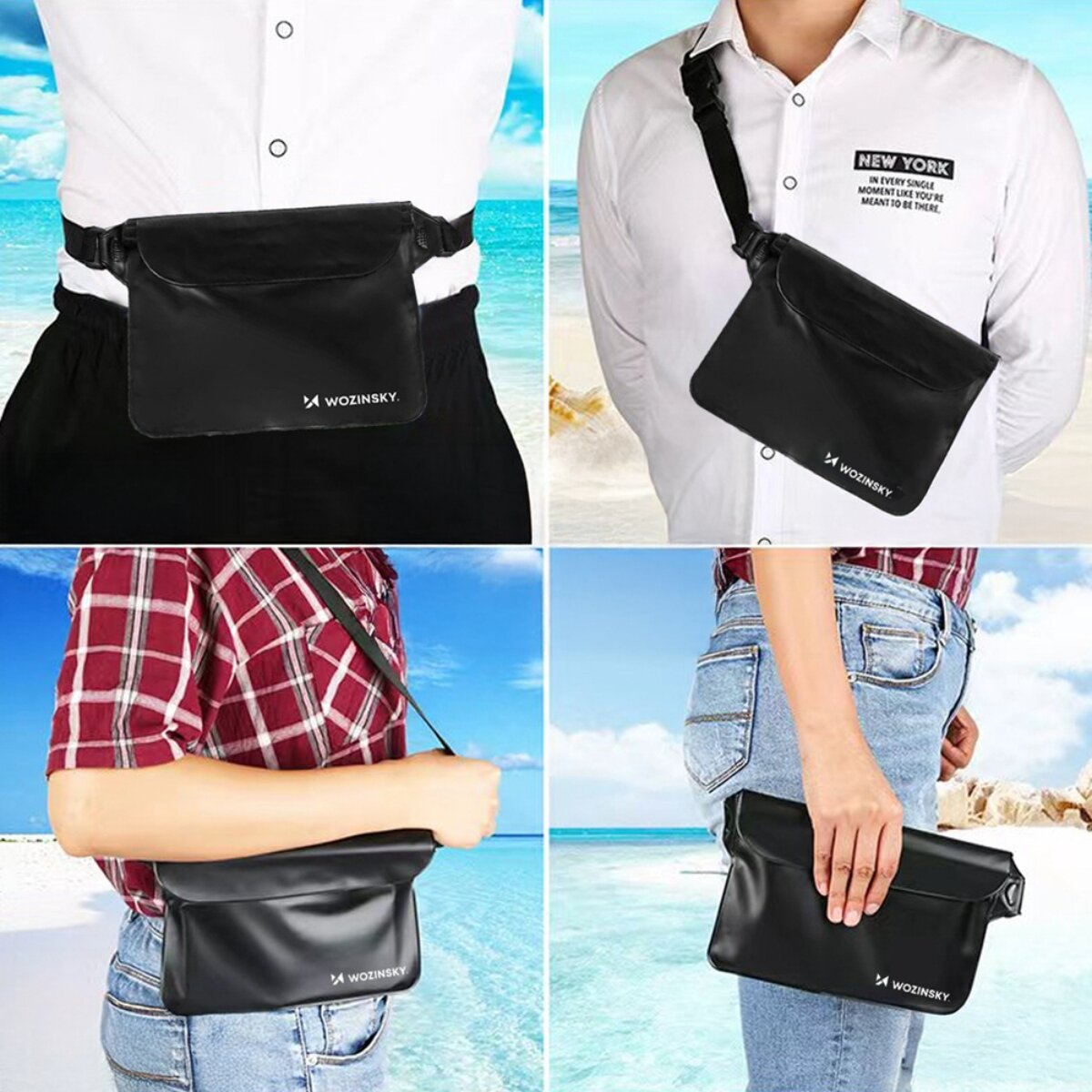 Quattro pannelli mostrano una borsa nera Wozinsky indossata come marsupio, tracolla e portata a mano con sfondo spiaggia.