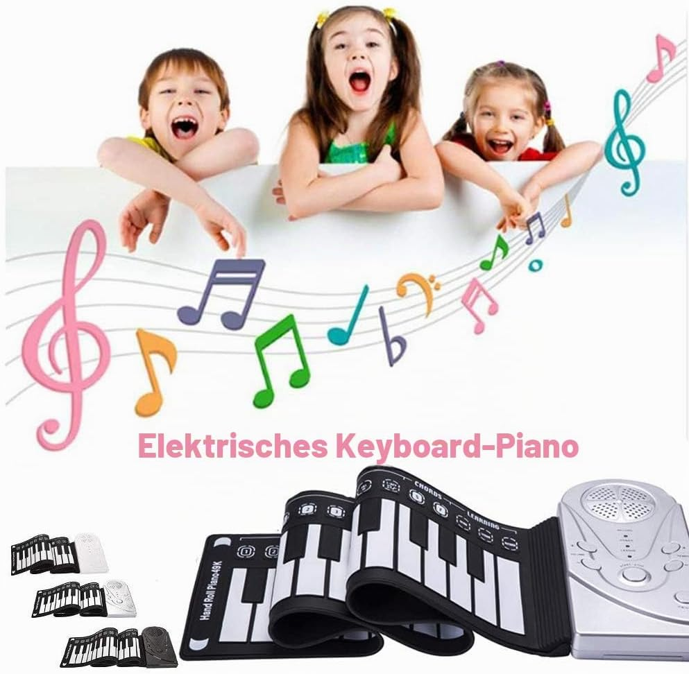 Drei lachende Kinder hinter einem Banner mit Noten und einem elektronischen Keyboard.