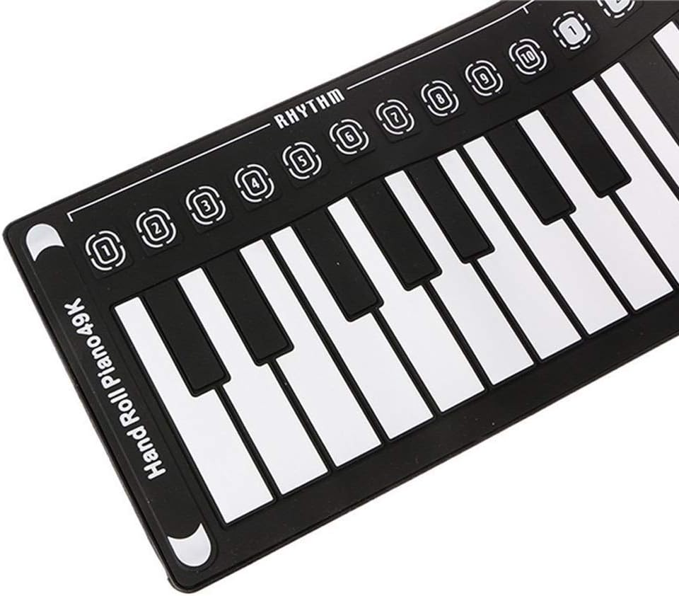 Ein tragbares schwarzes Hand-Roll-Piano mit weißen und schwarzen Tasten und Rhythmus-Bedienfeldern.