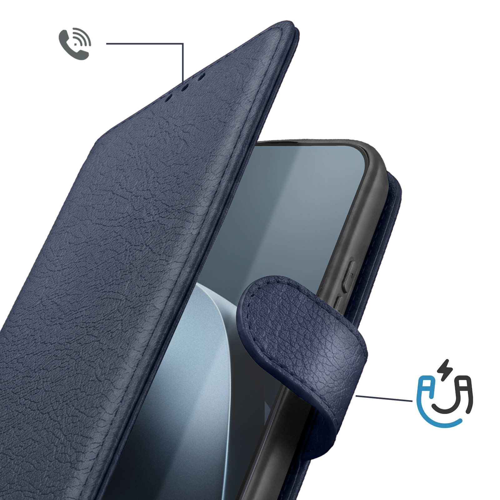 Blaue Leder-Klapphülle für Smartphones mit Magnetverschluss und Ohrhörer-Ausschnitt.