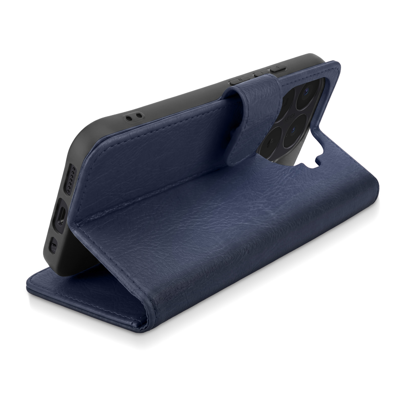 Ein dunkelblauer Leder-Klapphandyhülle mit integriertem Ständer auf weißem Hintergrund.