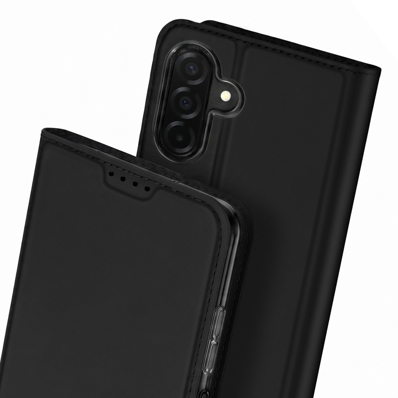 Zwei schwarze Lederhüllen für Smartphones auf weißem Hintergrund, eine zeigt die Kamera, die andere die Vorderseite.