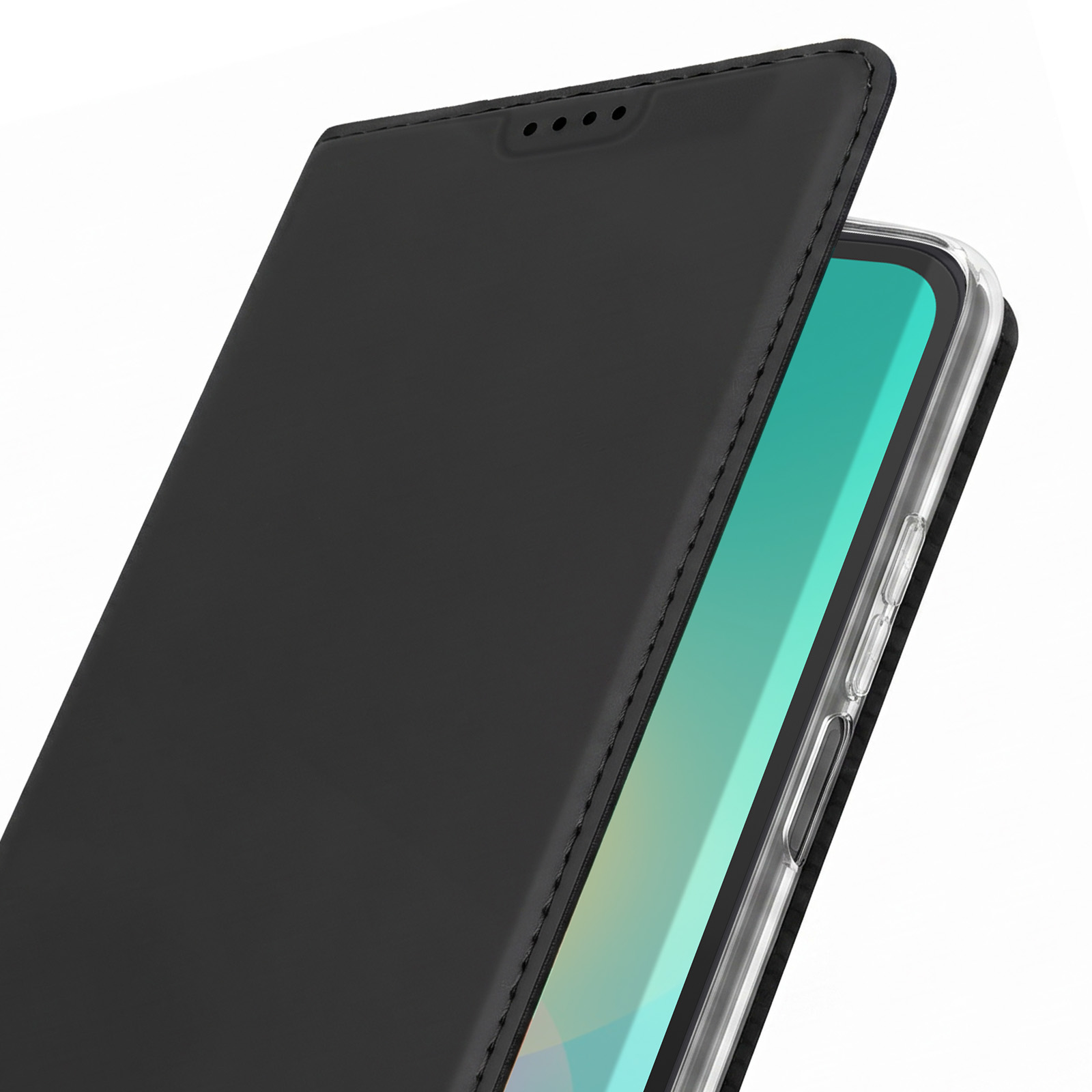 Ein Smartphone mit schwarzer Hülle und leicht geöffnetem Klappdeckel auf weißem Hintergrund.