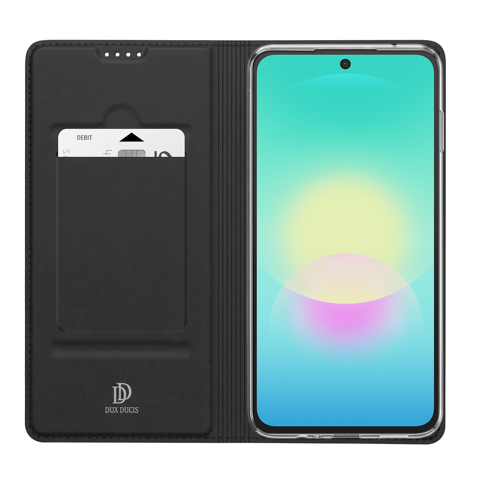Ein schwarzes Leder-Klappetui für Smartphones zeigt ein Kartenfach mit einer Karte und ein Telefon mit hellem Display.