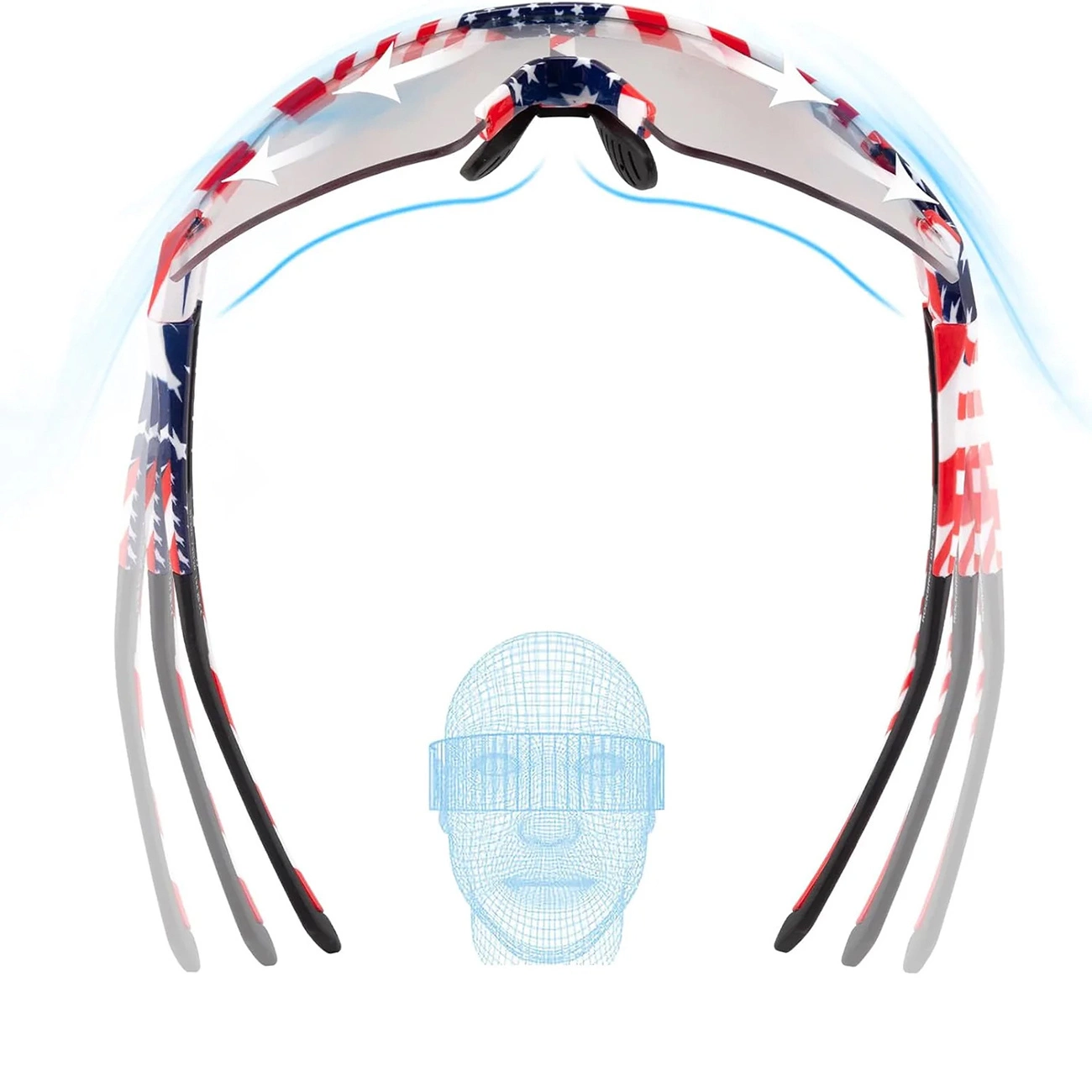 Occhiali da sole sportivi con bandiera USA, stanghette flessibili e modello di viso wireframe.