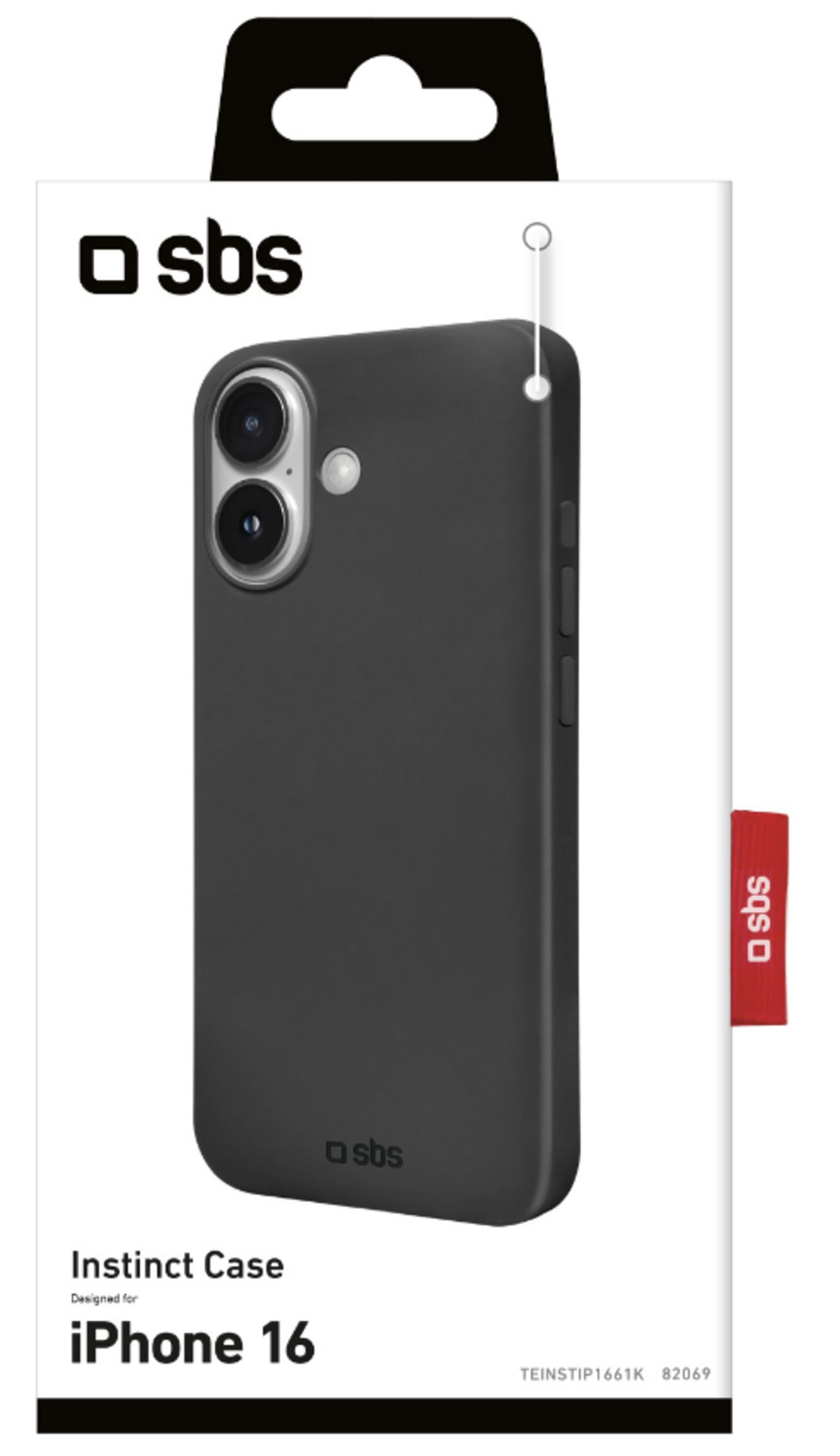 Schwarze SBS Instinct Schutzhülle für iPhone 16 in Originalverpackung.