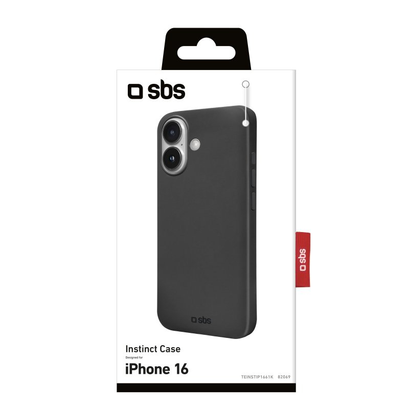 Verpackung mit einer schwarzen Instinct Case Schutzhülle für das iPhone 16 von sbs auf weißem Hintergrund.