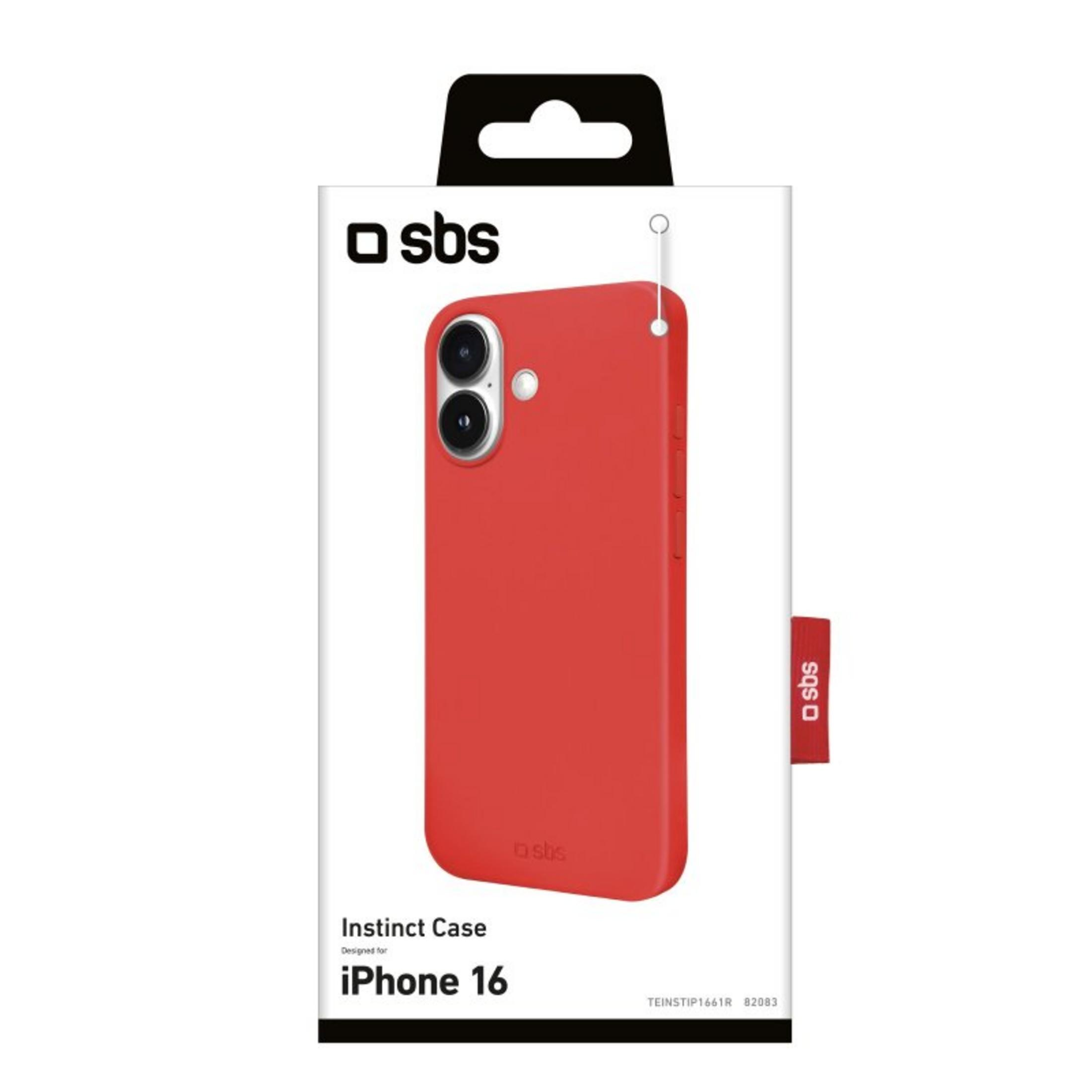 Rote SBS Instinct Case Schutzhülle für iPhone 16 in weißer Originalverpackung.