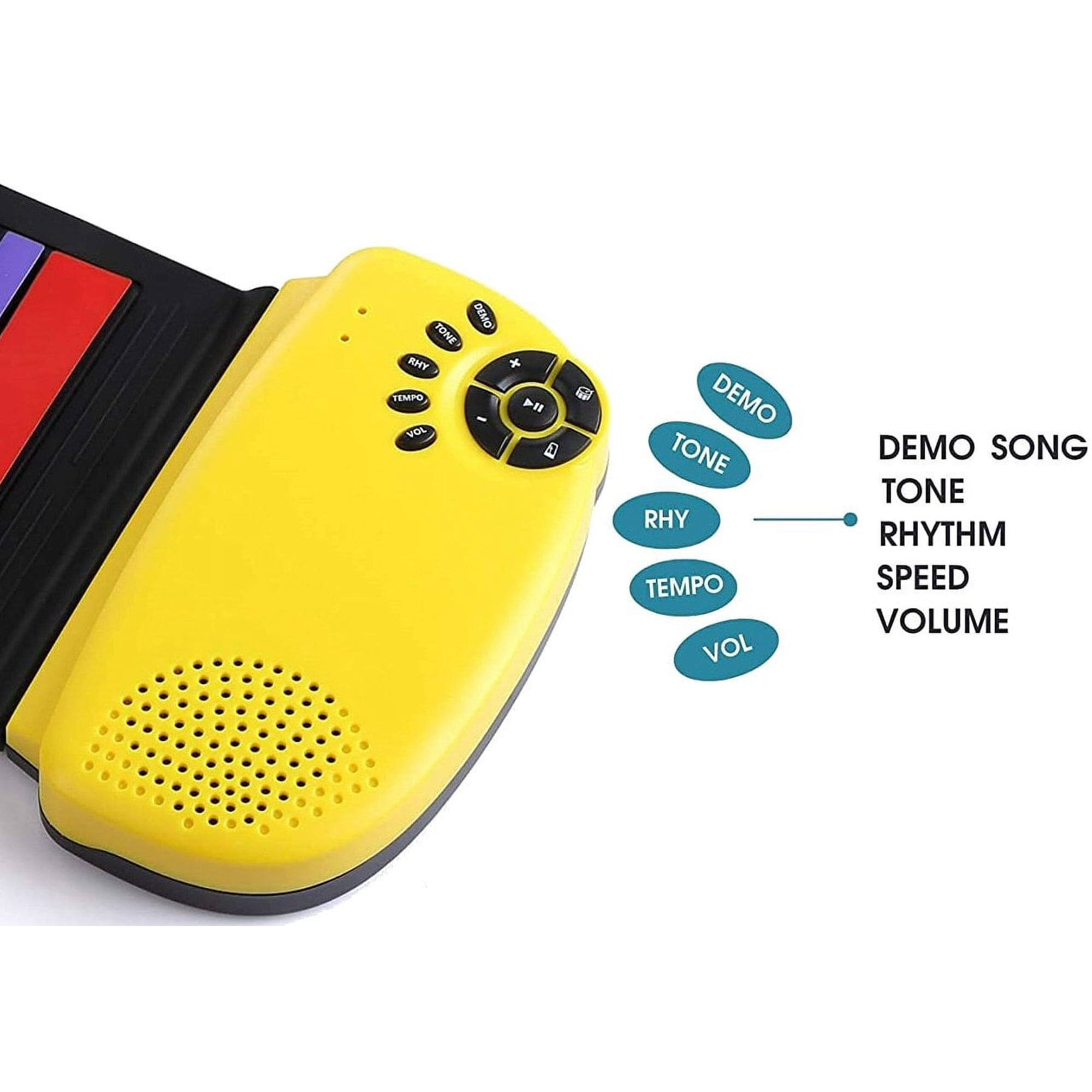 Gelbes Bedienteil eines Spielzeugkeyboards mit Tasten und Lautsprecher, daneben Funktionen wie Demo und Tone.