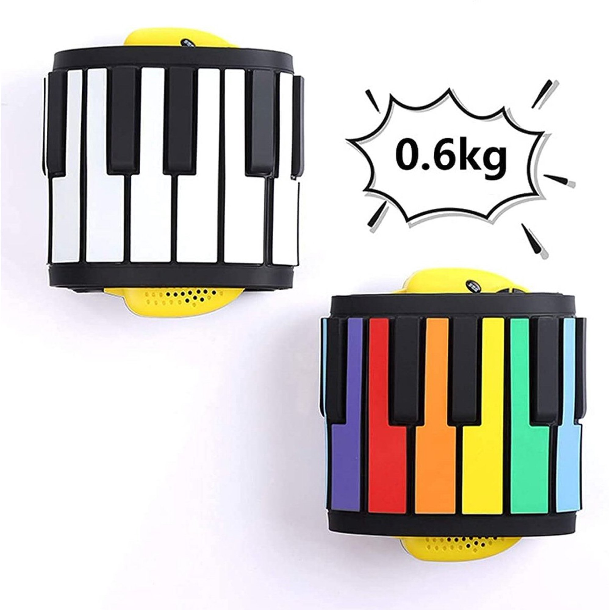Zwei aufgerollte Rollklaviere, eins schwarz-weiß und eins mit bunten Tasten, daneben die Aufschrift 0,6 kg.