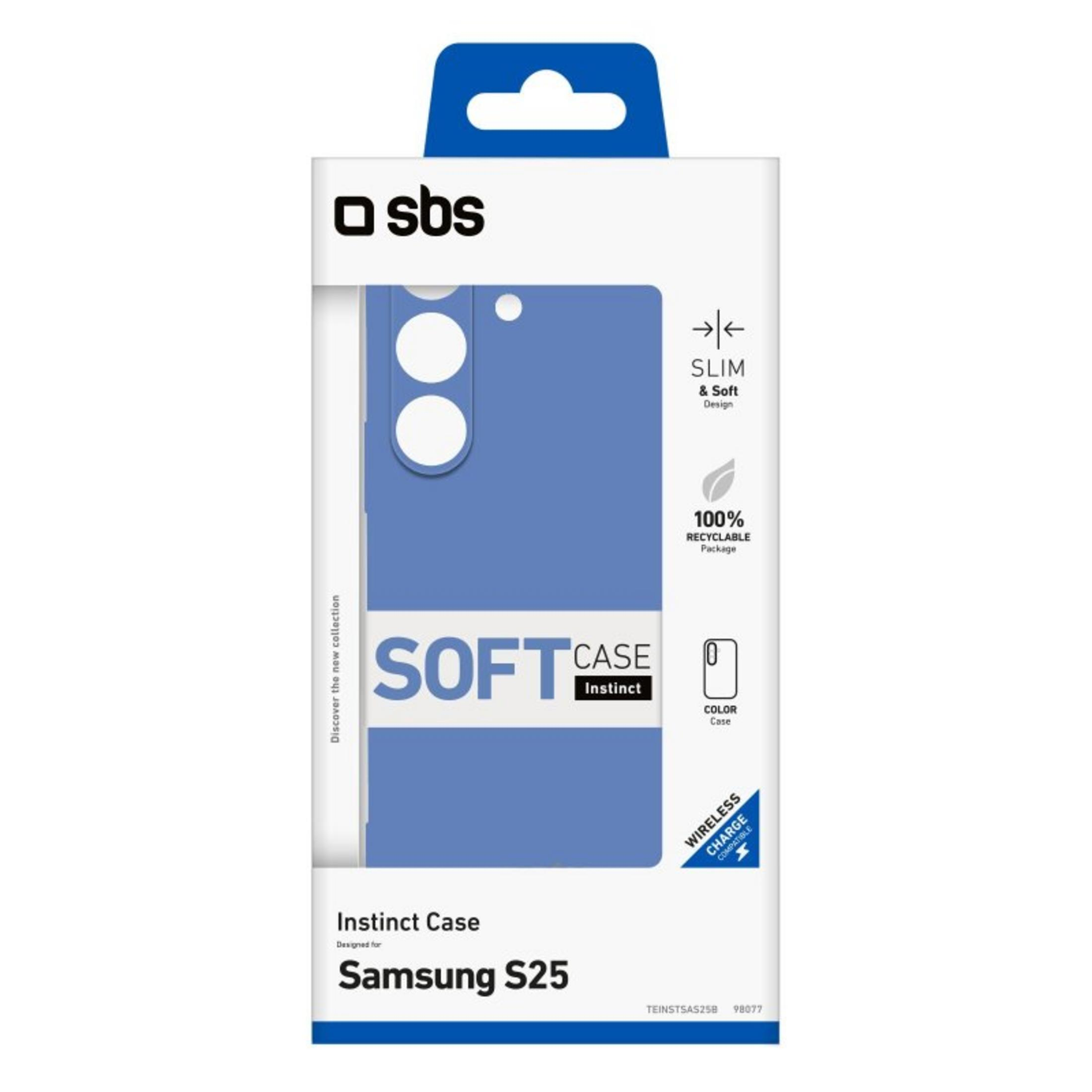 Blaue SBS Instinct Schutzhülle für Samsung S25 in weißer Verpackung.