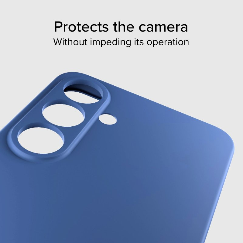 Eine blaue Smartphone-Hülle auf hellgrauem Hintergrund mit Text zur Kameraverarbeitung.