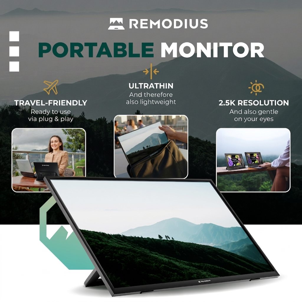 Un monitor portatile Remodius mostrato con esempi d'uso e testo descrittivo.