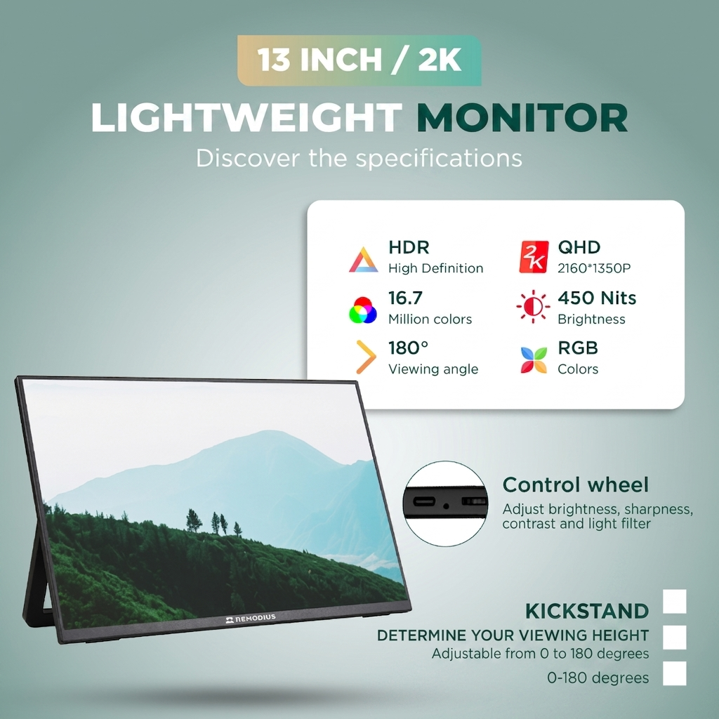 Pubblicità di un monitor 2K da 13 pollici con specifiche e caratteristiche su sfondo verde.