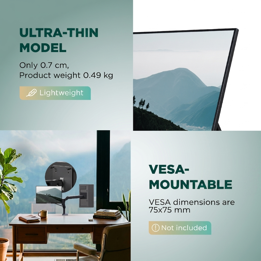 Monitor ultra sottile con supporto VESA, mostrato con specifiche e scrivania.