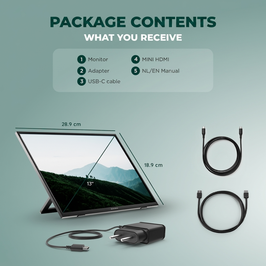Contenuto della confezione con monitor da 13 pollici, adattatore, cavo USB-C, mini HDMI e manuale su sfondo verde.