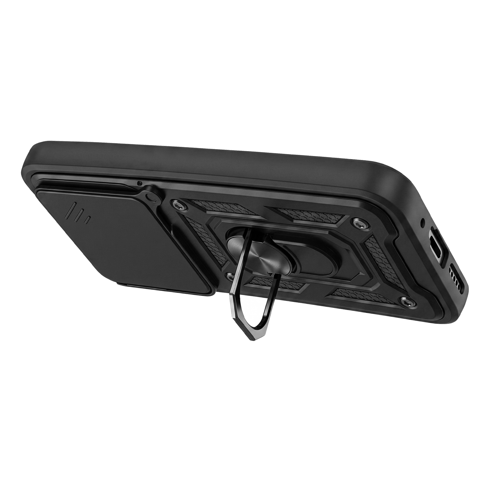 Schwarze Smartphone-Hülle mit integriertem Ringständer und Kamera-Schiebeabdeckung.