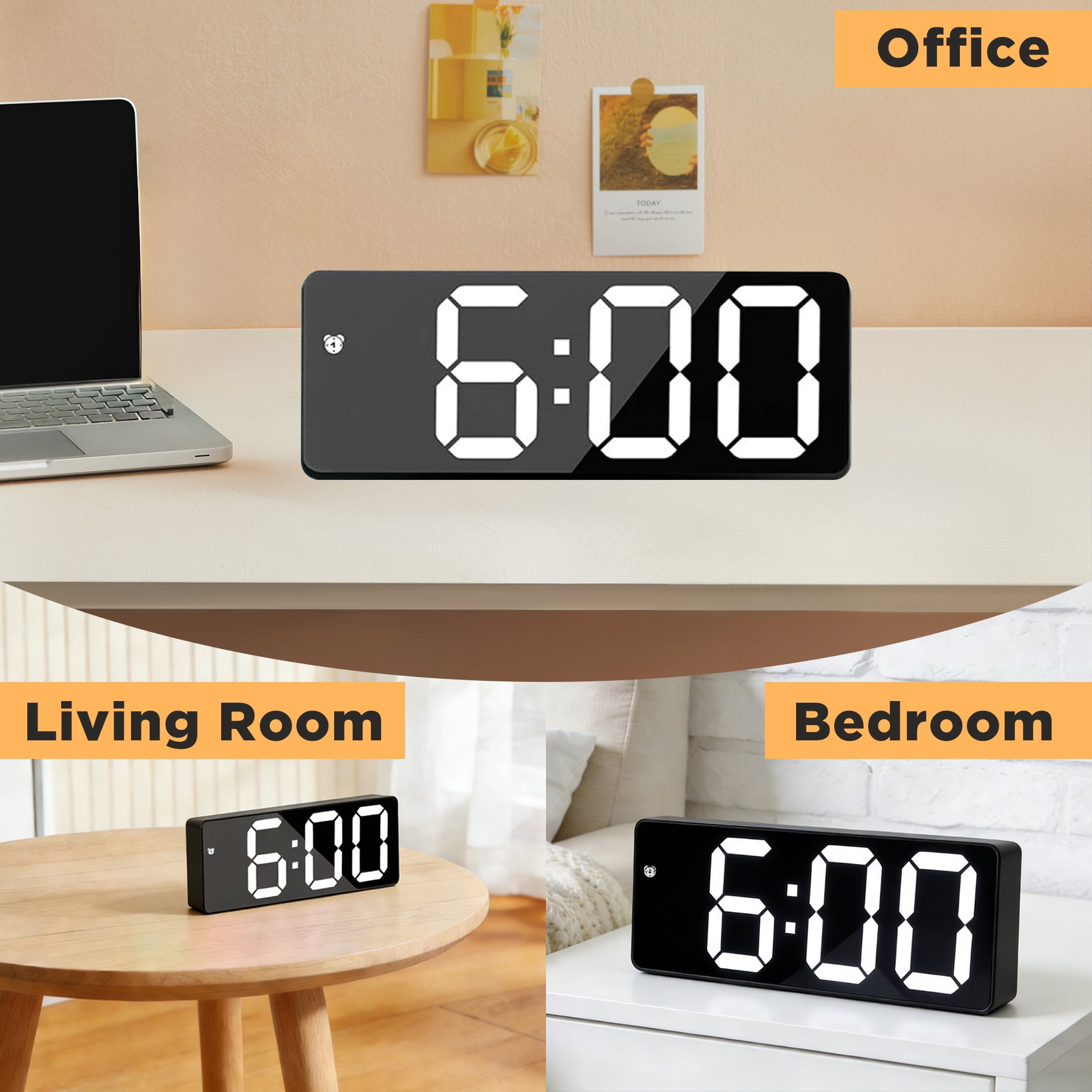 Eine schwarze Digitaluhr zeigt 6:00 Uhr auf Schreibtisch-Sets mit der Aufschrift Office, Living Room und Bedroom.