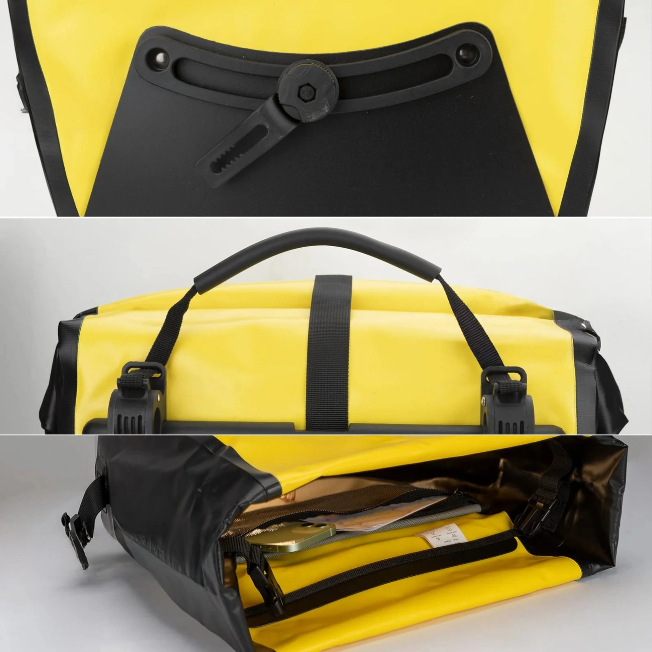 Tre viste di una borsa gialla e nera con supporto, maniglia e tasca interna aperta.