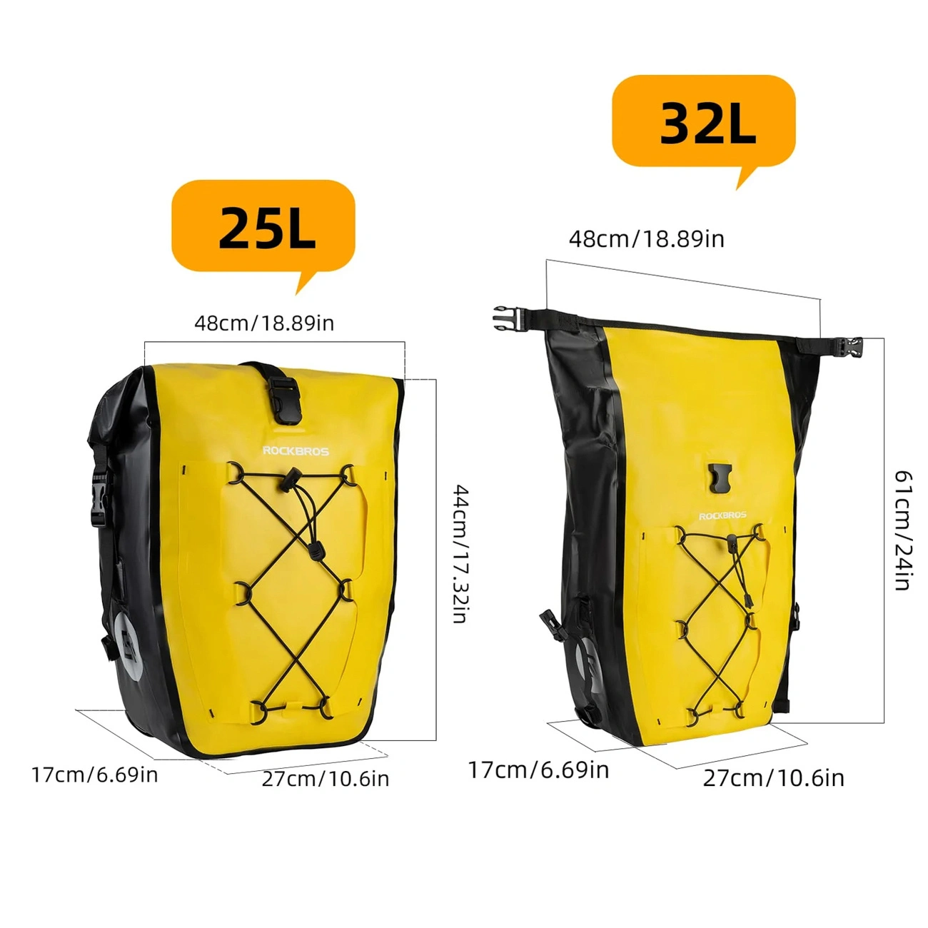 Due borse da bicicletta gialle e nere da 25L e 32L con dimensioni.