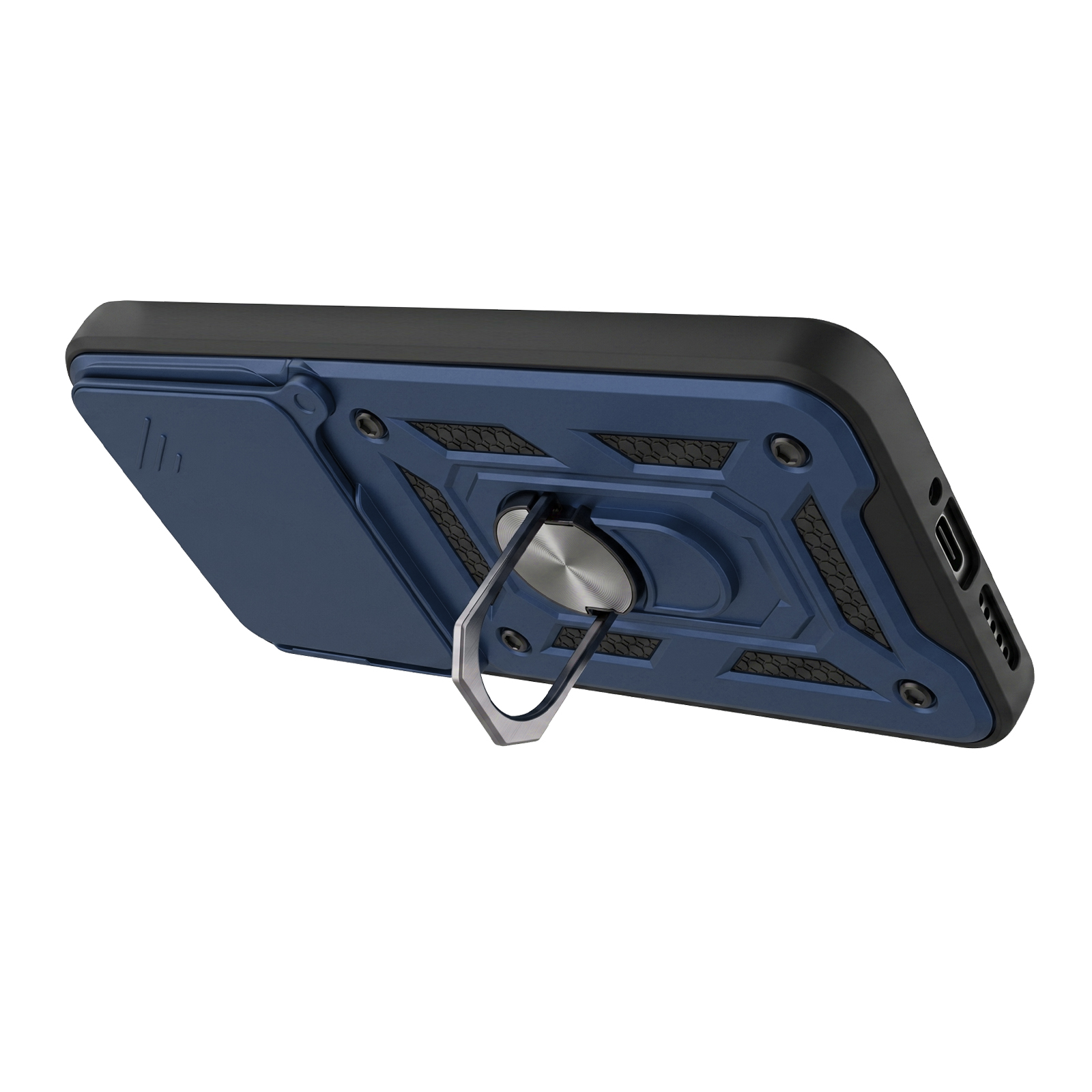 Eine robuste blaue und schwarze Handyhülle mit integriertem Metallring-Ständer und Kameraabdeckung.