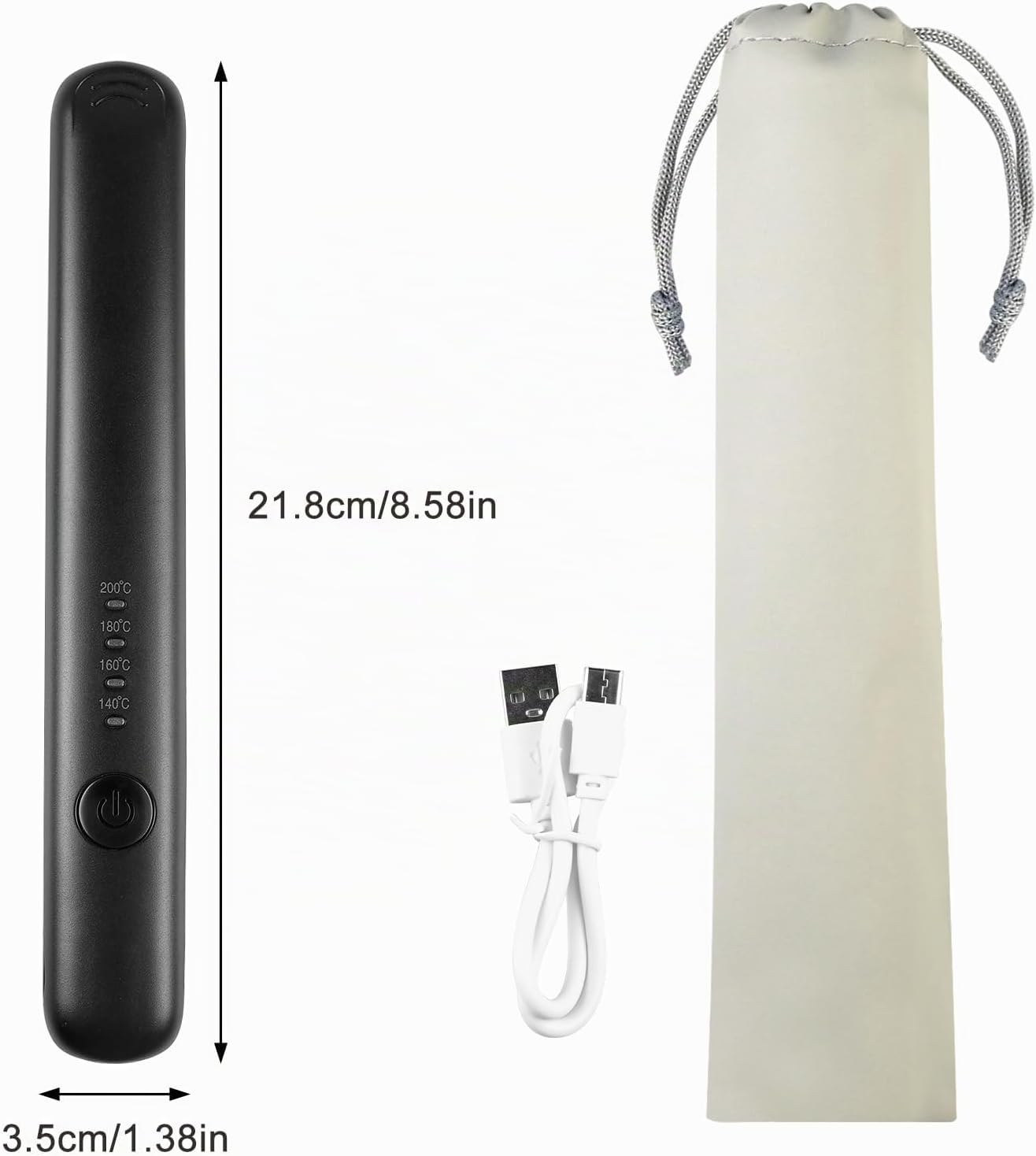 Schwarzes Mini-Glätteisen mit USB-Kabel, Tasche und Maßangaben.