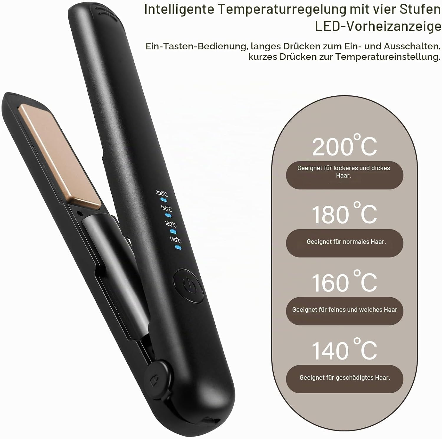Schwarzes Haarglätteisen mit vier Temperaturstufen von 140°C bis 200°C und LED-Anzeige.