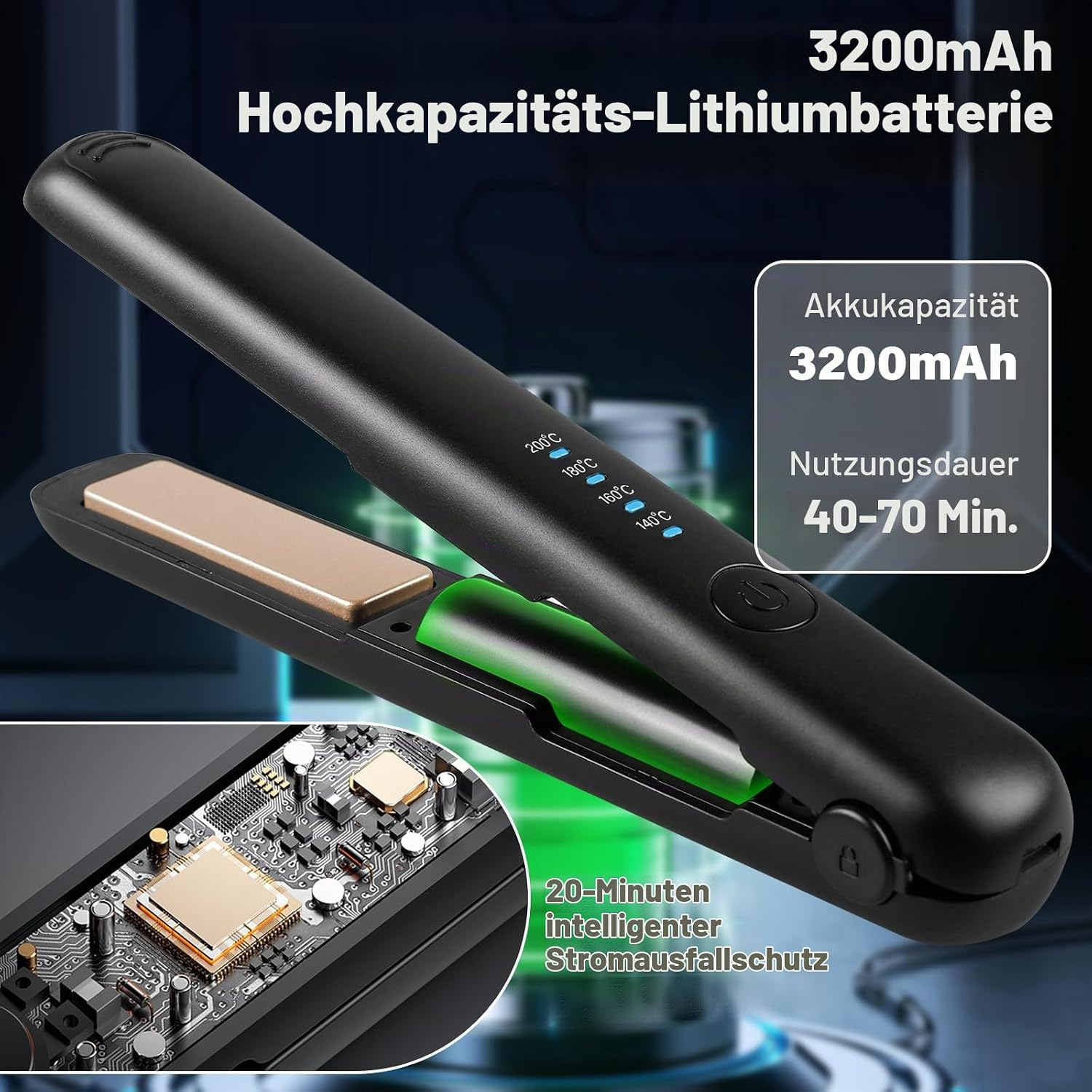 Schwarzes Haarglätteisen mit 3200mAh Akku, Temperaturanzeige und integrierter Schutzschaltung.