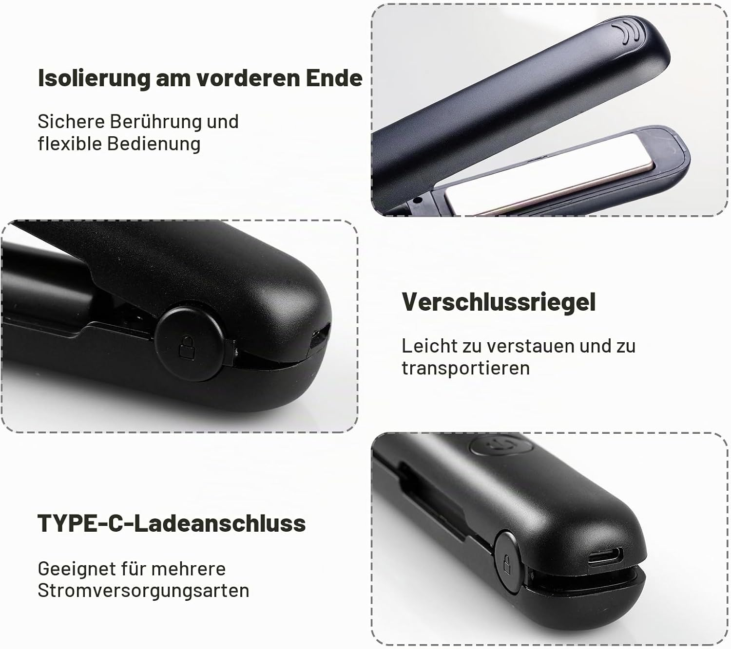 Detailansicht eines tragbaren Haarglätters mit Isolierung, Verschlussriegel und USB-C-Anschluss.