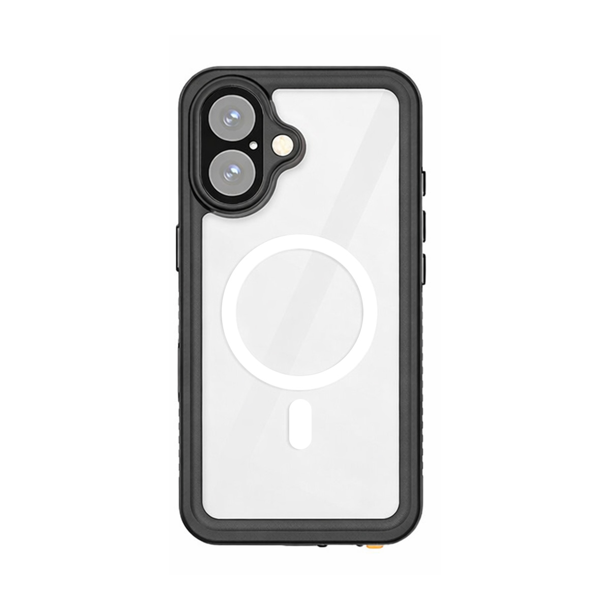 Eine schwarze Smartphone-Hülle mit transparenter Rückseite und integriertem MagSafe-Ring.