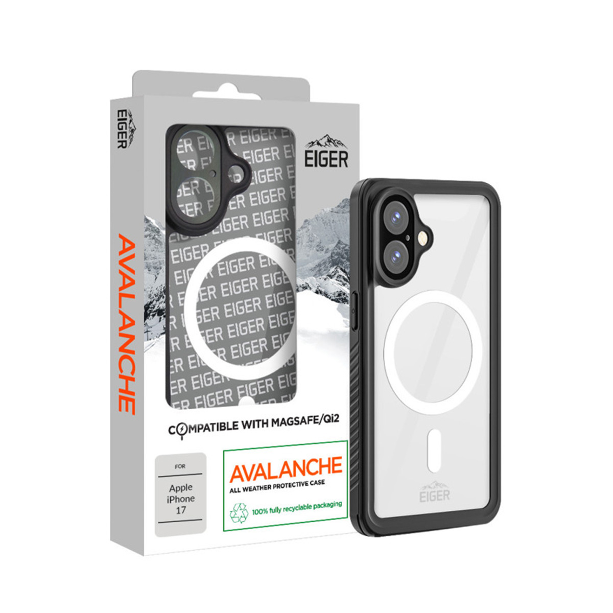 Eiger Avalanche MagSafe Handyhülle für iPhone 17 in der Verpackung.