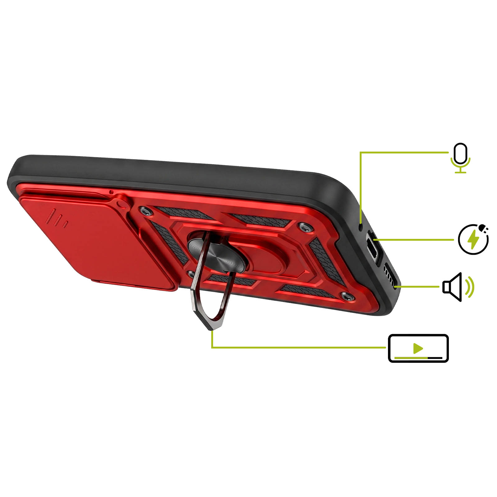 Rückseite einer roten und schwarzen Smartphone-Hülle mit integriertem Ständer und Diagrammen von Anschlüssen.