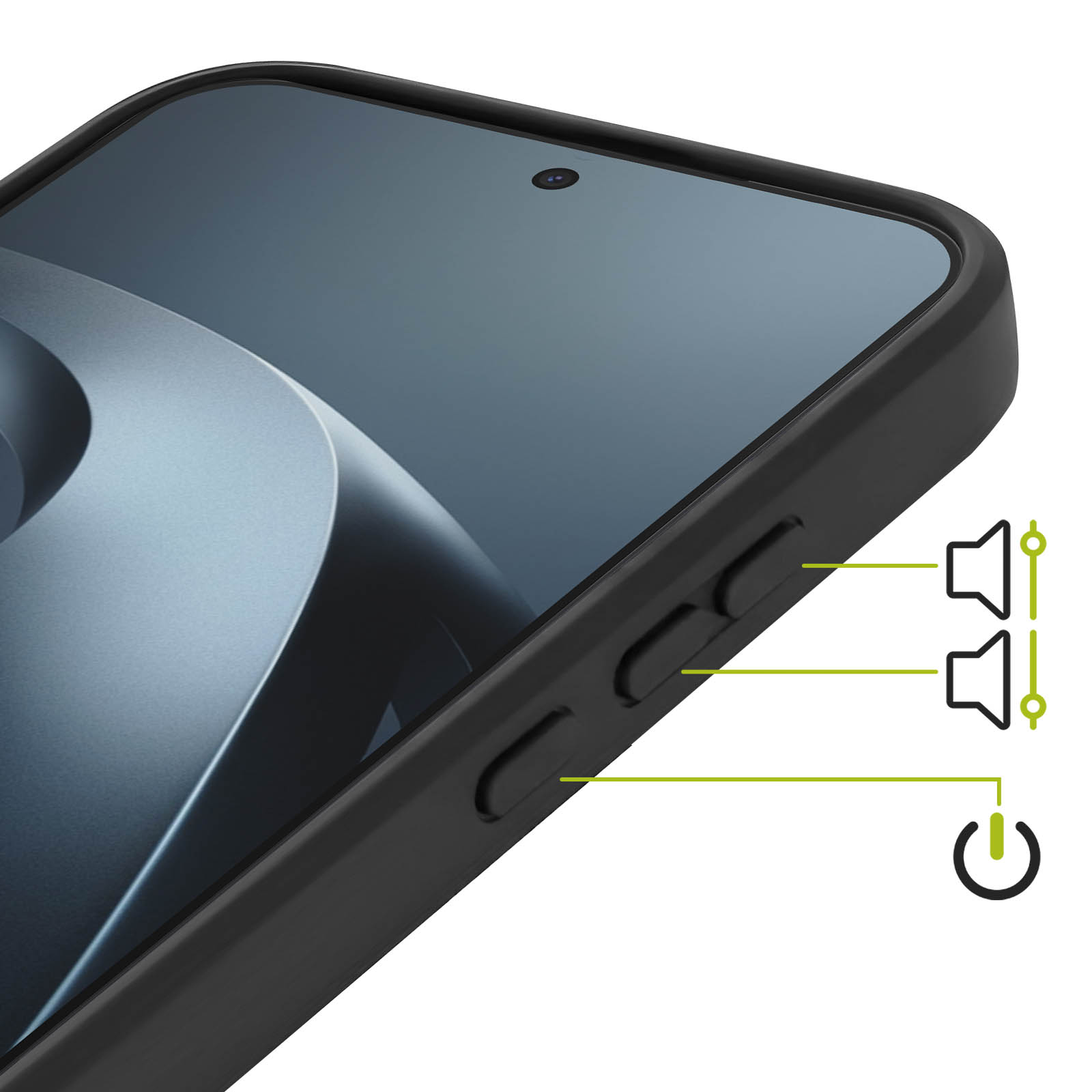 Nahaufnahme einer Smartphone-Kante mit Lautstärke- und Ein/Aus-Tasten sowie Grafiken zur Erläuterung.
