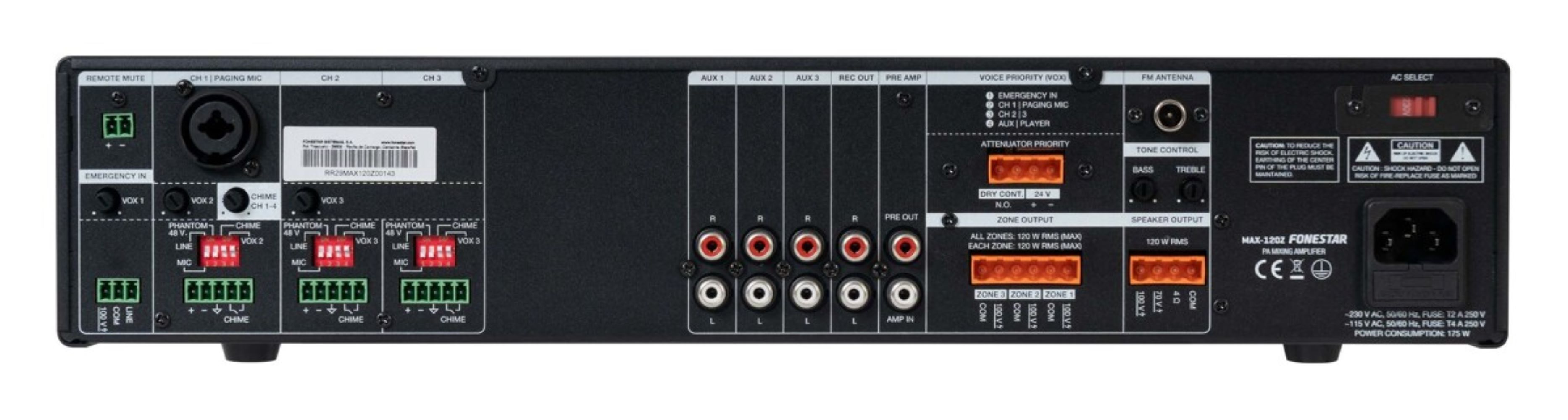 Tylny panel wzmacniacza miksującego audio z różnymi wejściami, wyjściami, gniazdami RCA i zaciskami.