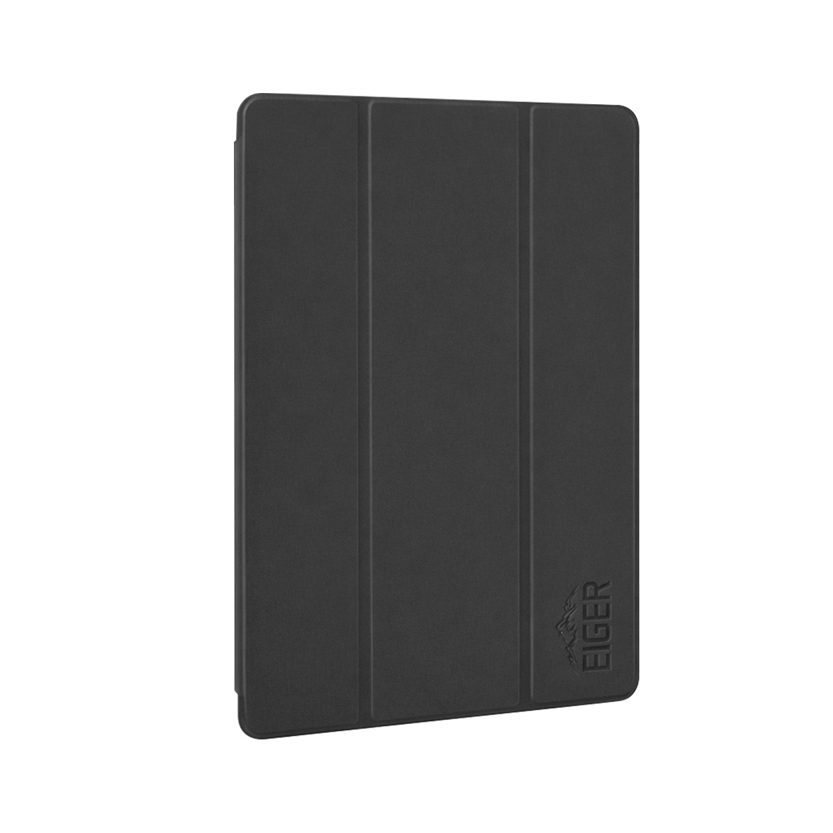 Schwarze Schutzhülle für ein Tablet mit dreifach faltbarem Design und EIGER-Logo.