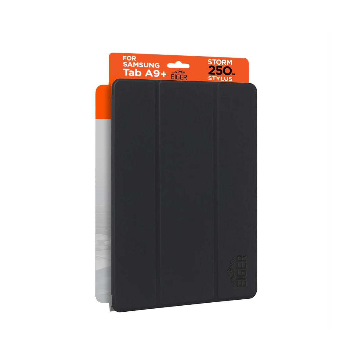 Eine schwarze Tablet-Hülle für das Samsung Tab A9+ in der Verpackung mit orange-weißer Marke.