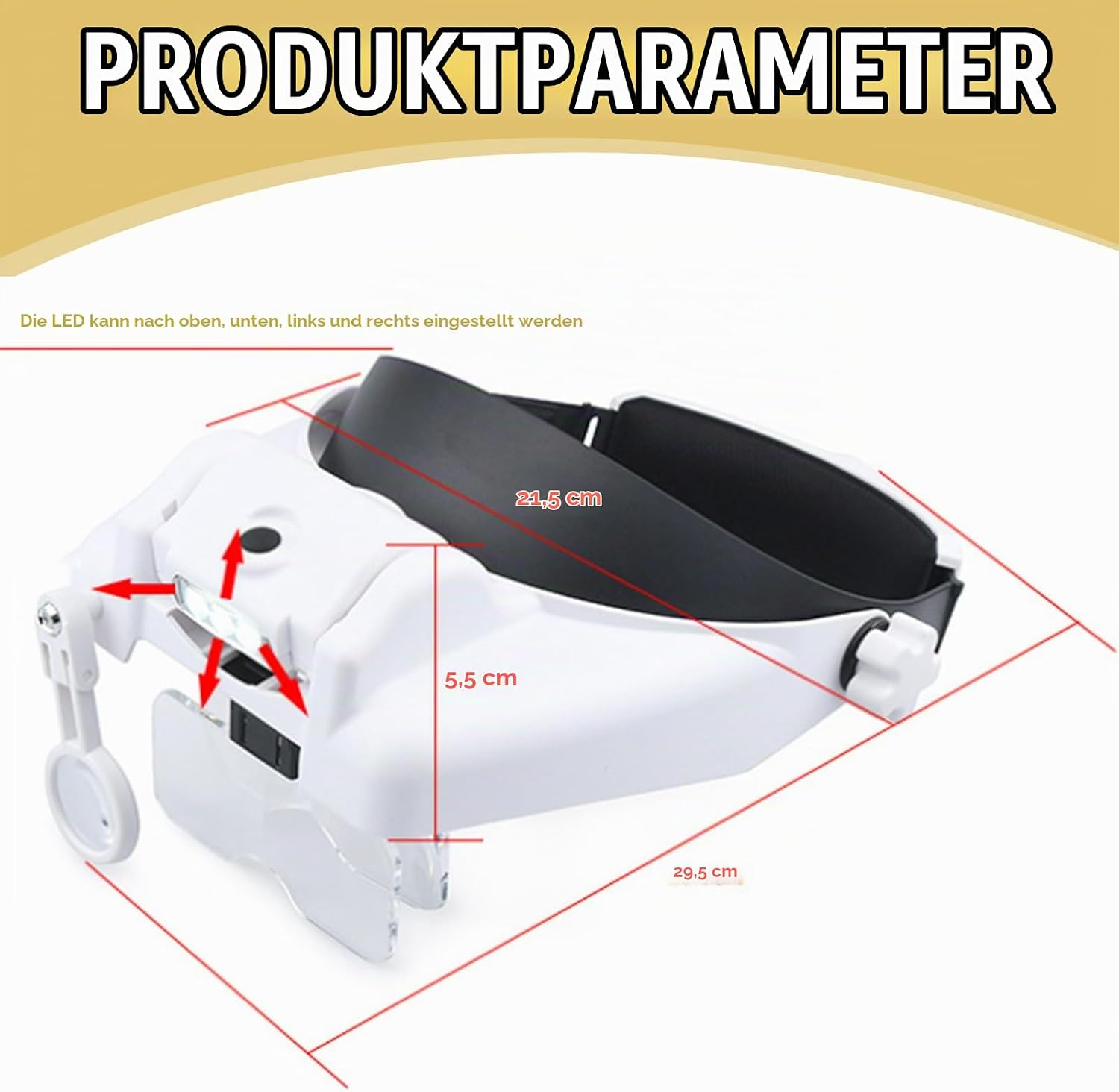 Produktparameter einer weißen Kopfbandlupe mit verstellbarem LED-Licht und Maßen.