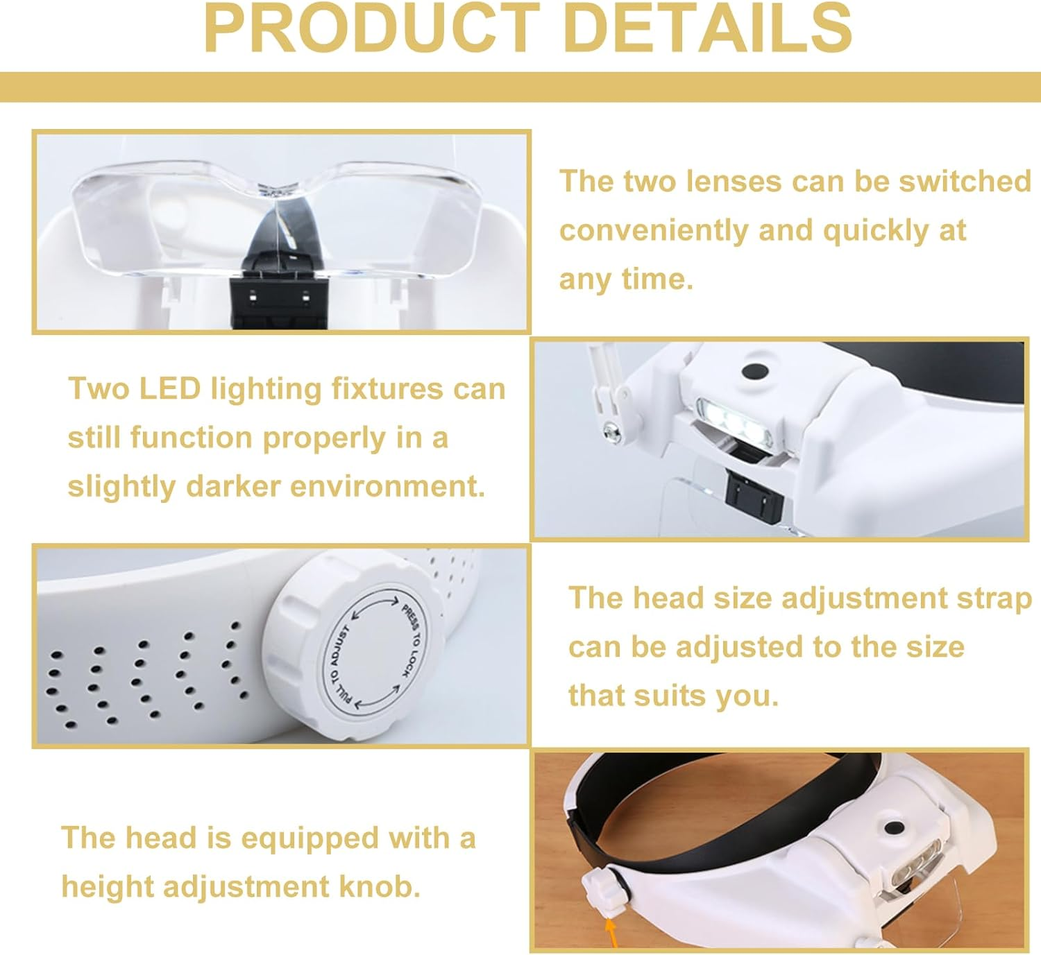 Produktdetails einer weißen Kopf-Lupe mit LED-Lichtern, verstellbaren Linsen und Kopfband.