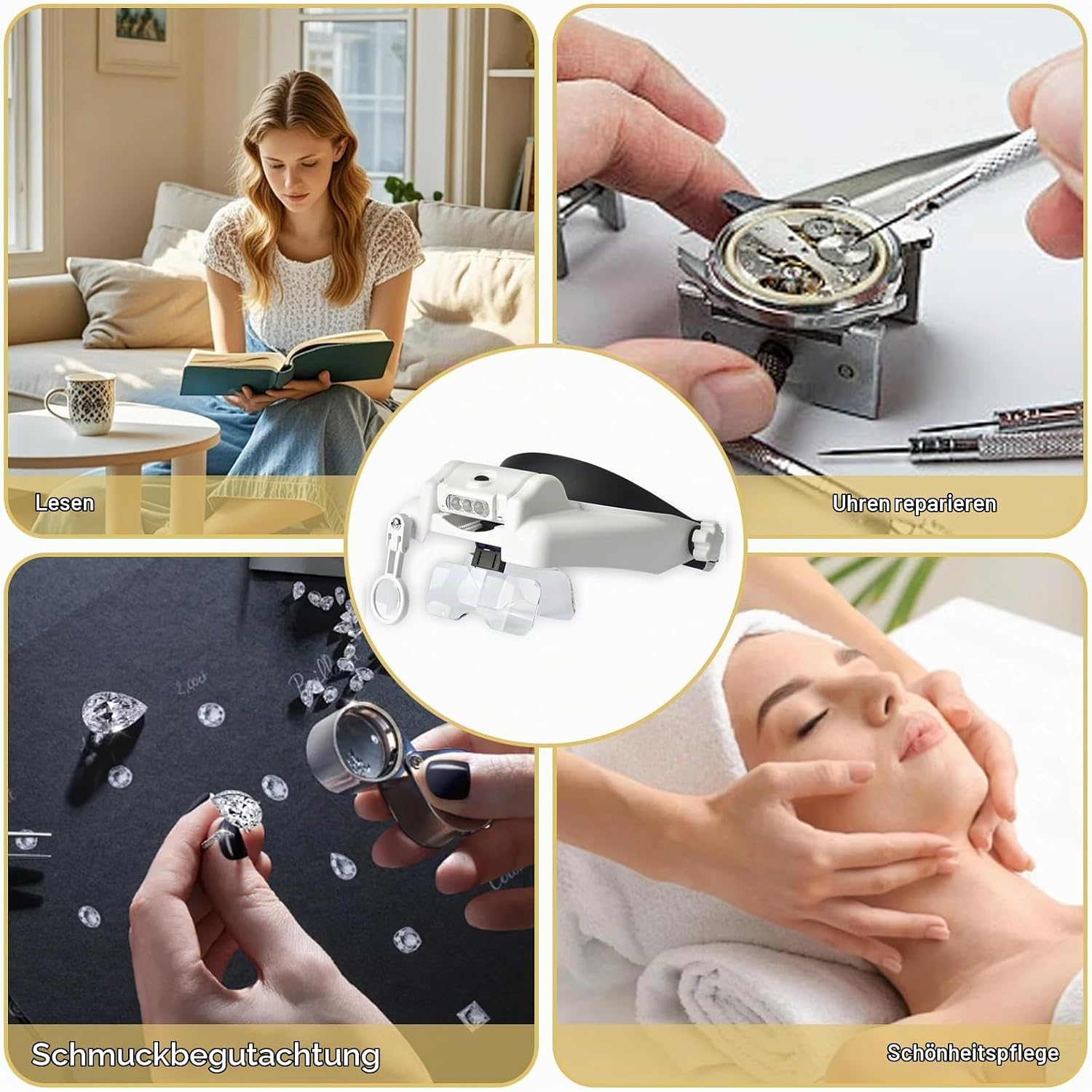 Eine Kopf-Lupe mit LED und verschiedenen Einsatzbereichen wie Lesen, Uhren reparieren, Schmuck und Kosmetik.