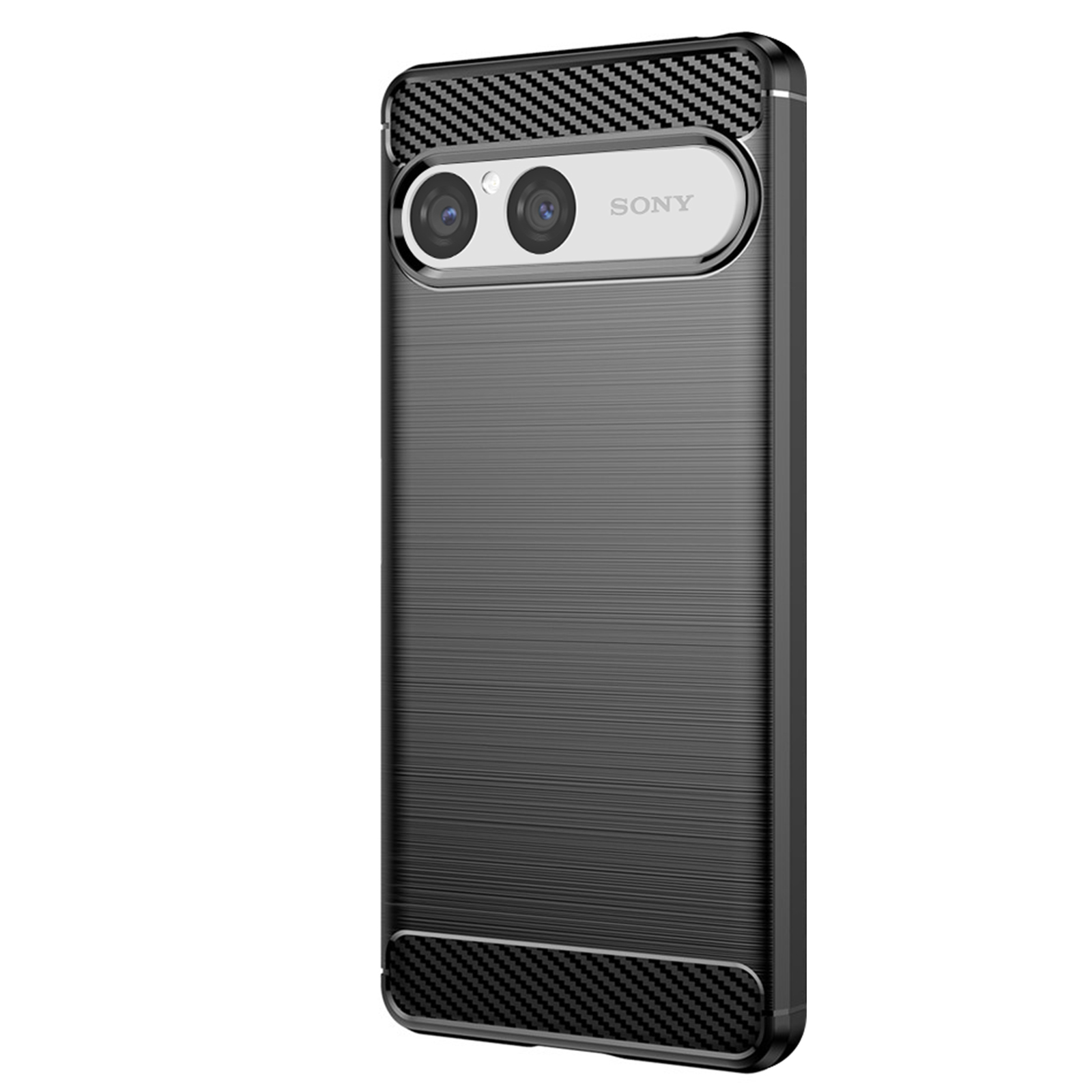 Schwarze Sony-Handyhülle mit gebürstetem Metall-Look und Kohlefaser-Akzenten an den Rändern.