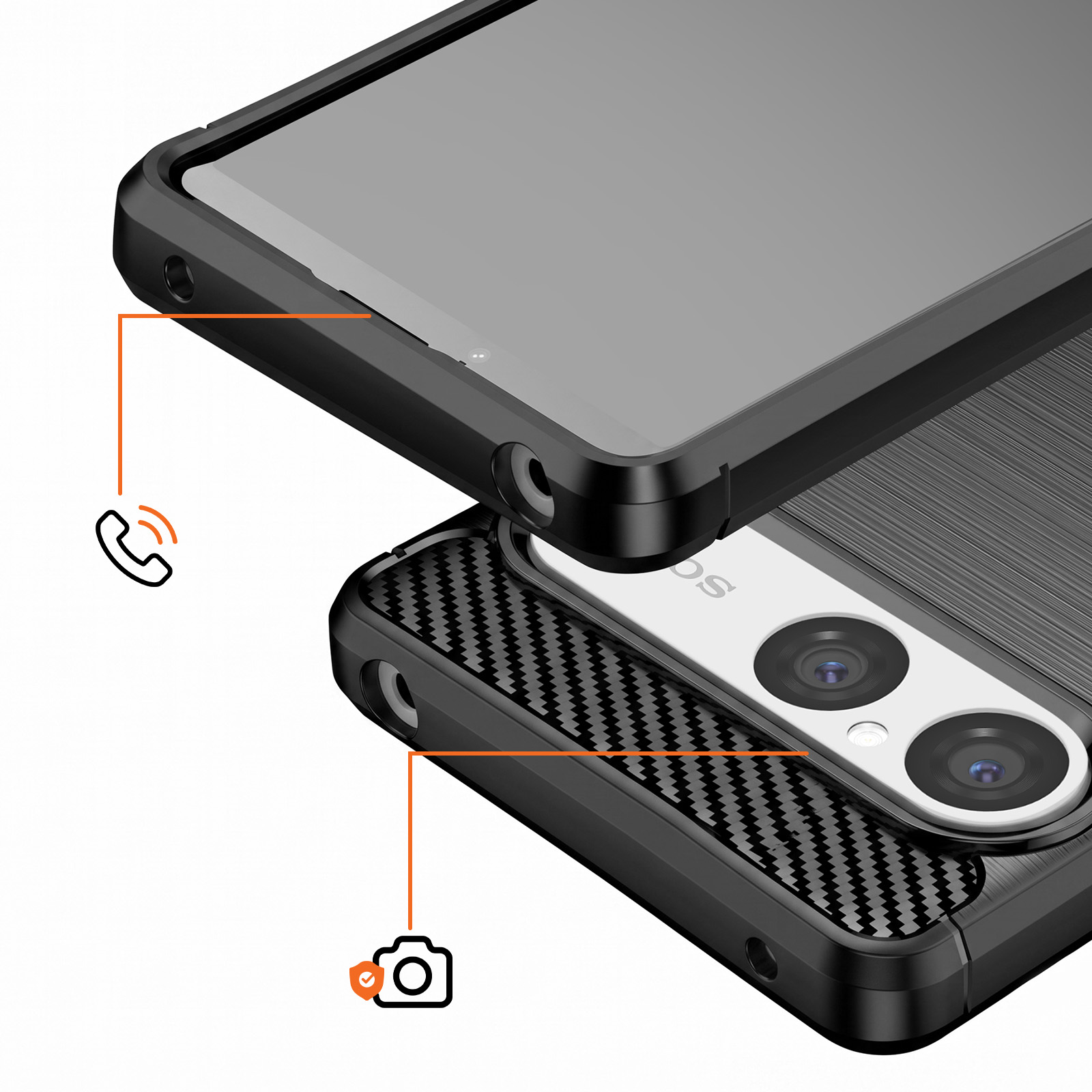 Schwarzes Smartphone in robuster Hülle zeigt Vorder- und Rückseite mit Carbon und zwei Kameras.