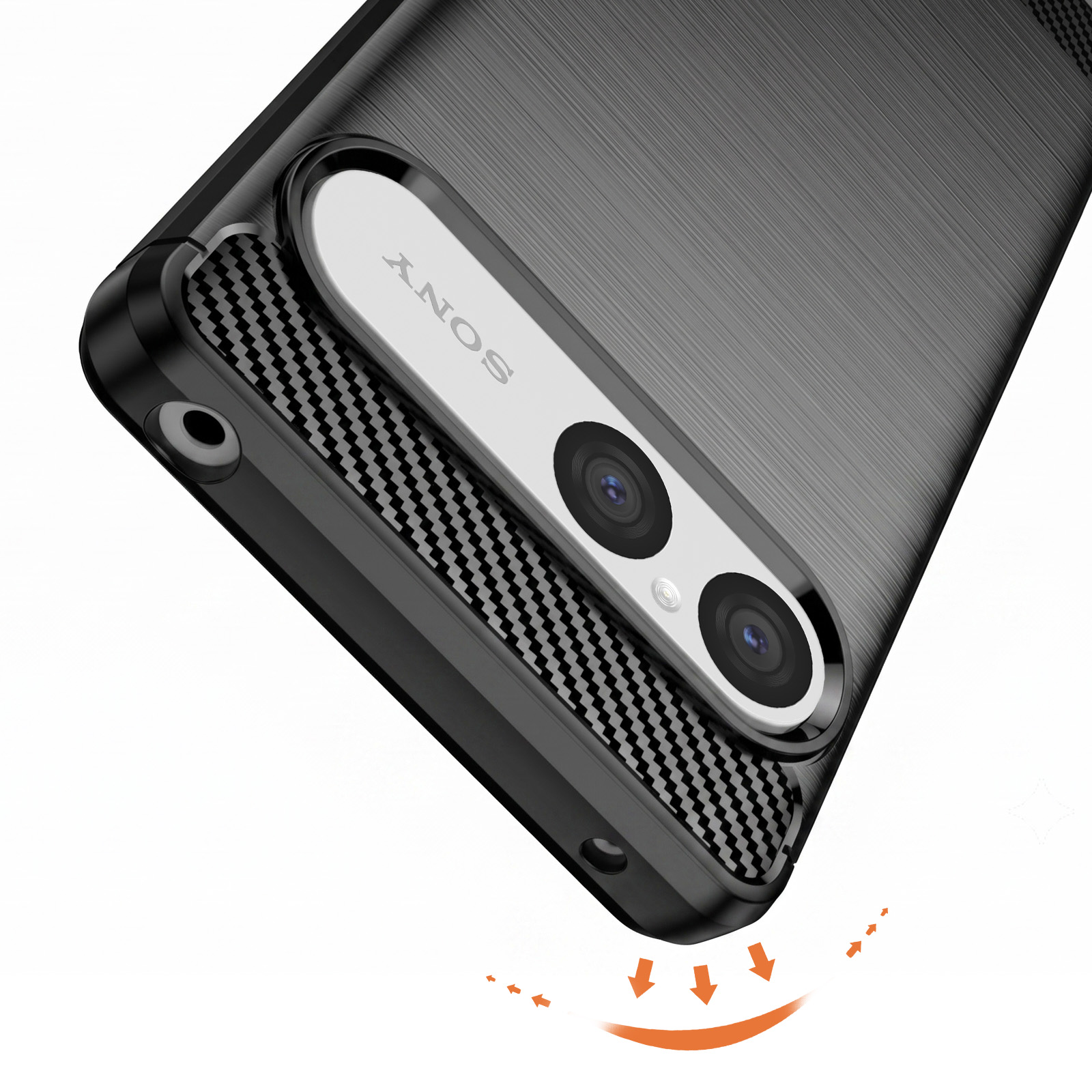Rückseite einer schwarzen Sony-Smartphonehülle mit Karbonmuster und Kameraausschnitt.