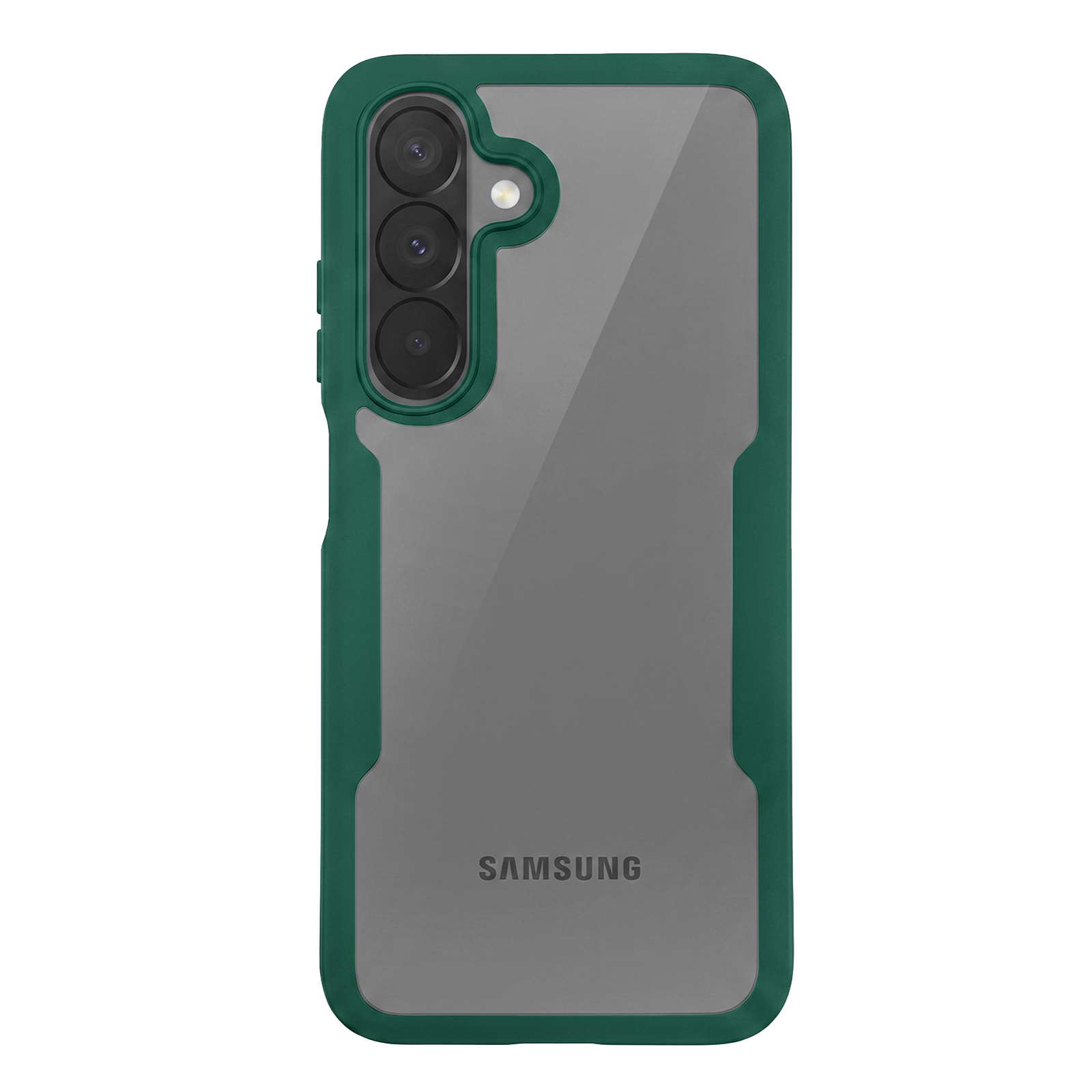 Ein Smartphone in dunkler grüner Hülle mit transparenter Rückseite, drei Kameras und Samsung-Logo.
